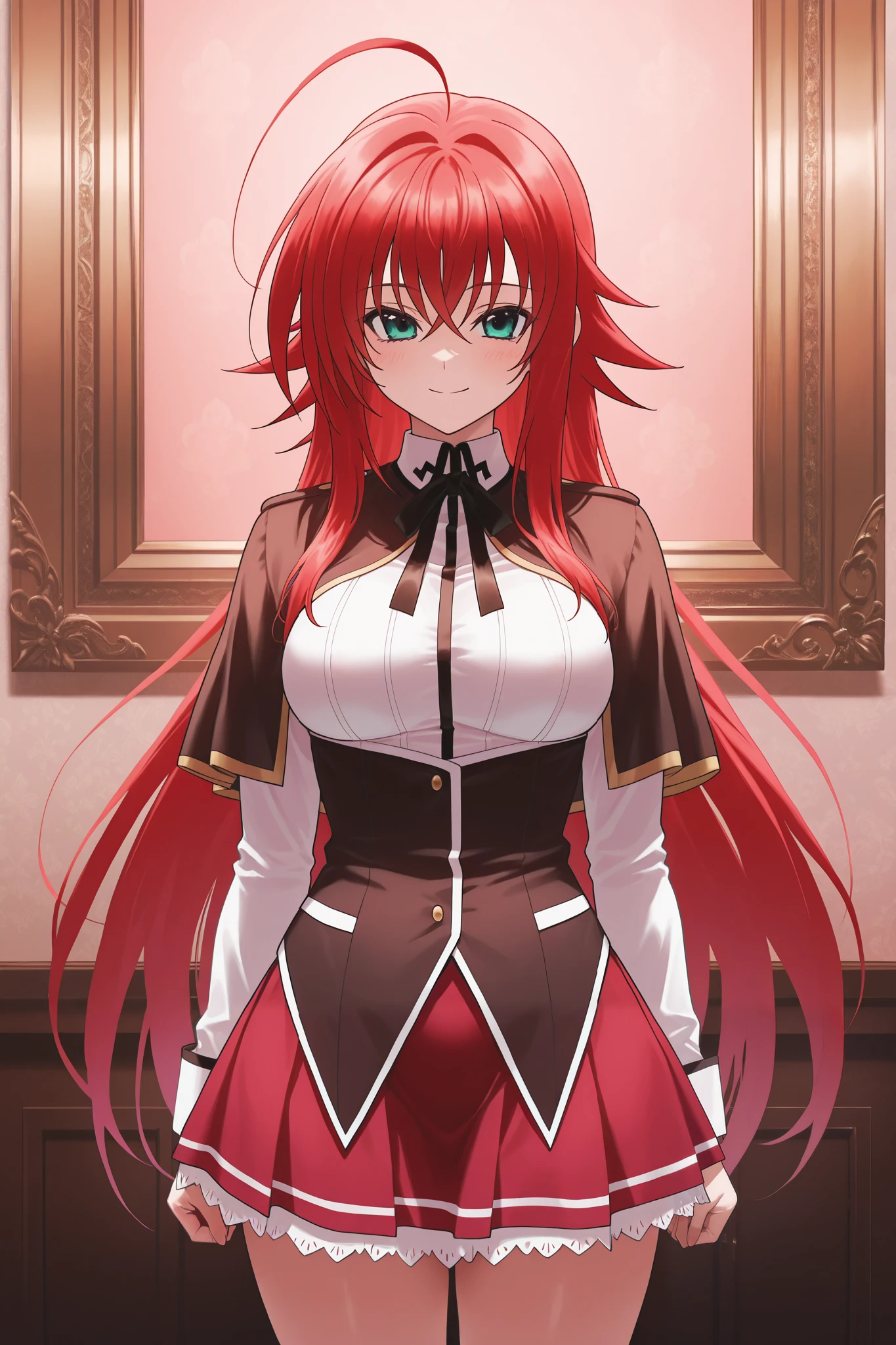 NSFW,masterpiece, best quality , high resolution, very detailed on trends, Rias Gremory 、Huge ahoge、 long hair、Hair between the eyes、 green eyes、Red Hair、 shirt、ribbon、uniform、白い shirt、黒いribbon、ネックribbon、 capelets、黒い capelets、 Long Sleeve、 skirt 、赤い skirt , bewitching smile,smile,Antique style room