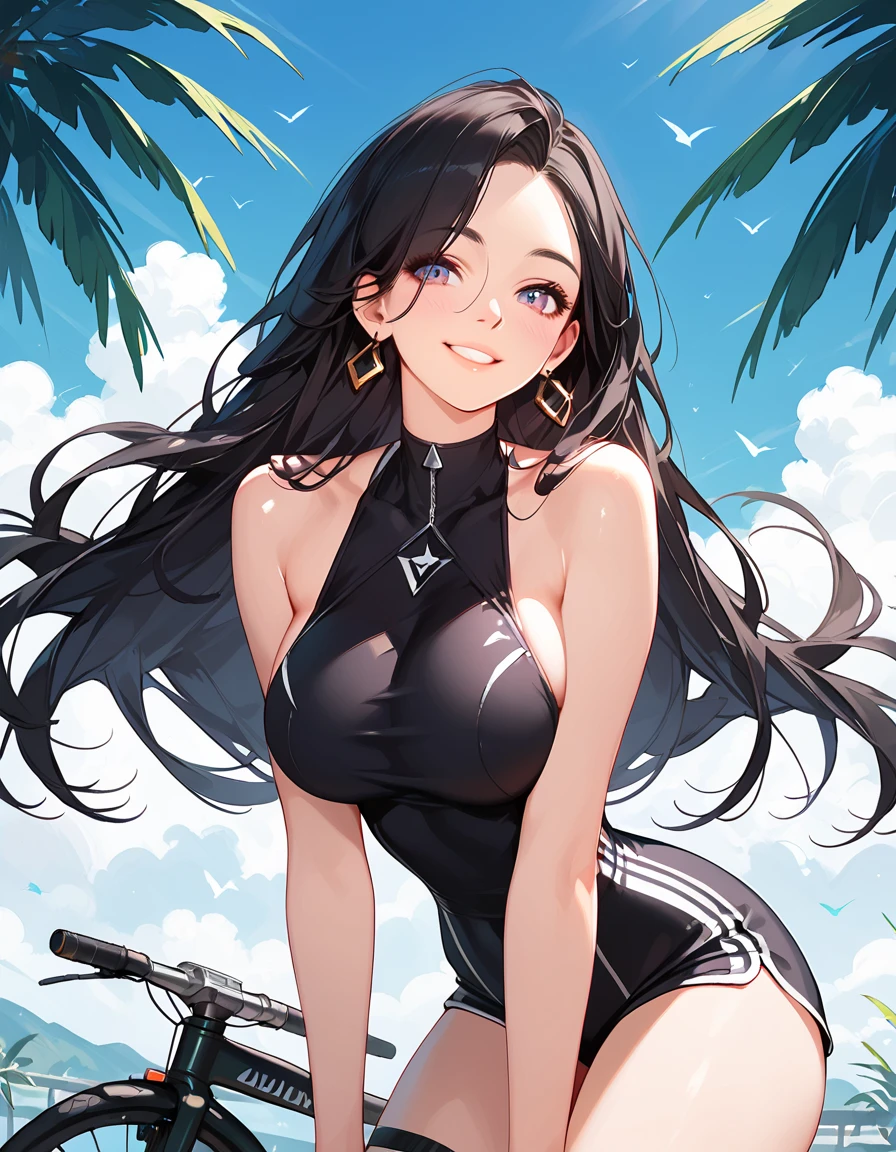 (A Masterpiece:1.2、maximum quality), (1 Lady、solo、upper half body:1.2), Hair:Black shorthair, clothing:Black Micro Bikini、Black T-shirt、Training on the beach at dusk、Muscle training、Tanned skin、a muscular、Meteor swarm、Bodybuilding Poses、small  breasts