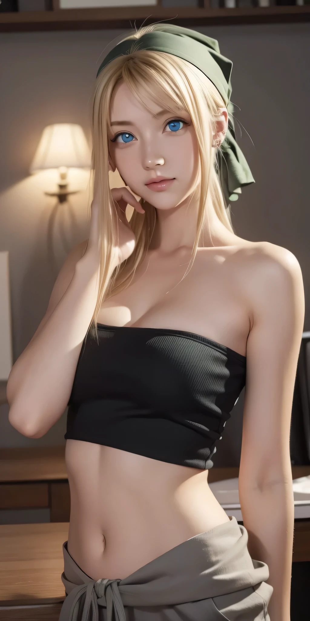 winryrockbell, winry rockbell, blue eyes, blonde hair, BREAK gloves, navel, cleavage, bare shoulders, collarbone, earrings, midriff, pants, stomach, bare arms, strapless, green bandana, bandeau, black tube top, grey gloves, BREAK indoors, BREAK looking at viewer, BREAK (masterpiece:1.2), best quality, high resolution, unity 8k wallpaper, (illustration:0.8), (beautiful detailed eyes:1.6), extremely detailed face, perfect lighting, extremely detailed CG, (perfect hands, perfect anatomy), beautiful body, arm at side