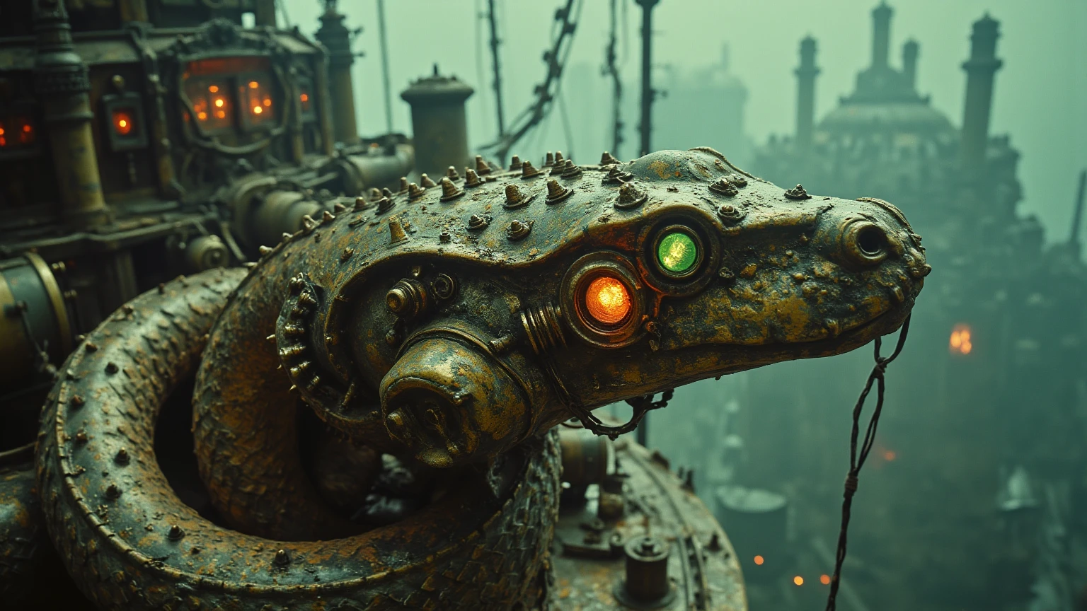 a heavily distorted, extremely dark oceanic trench, very low light, multiple sea creatures comprised of contorted feathers/machinery/pipes/rusted components is floating in the air, bioluminescence, amorphous dark material is being warped and torn into remnants, extra detail, 4kHD details, best resolution, surrealistic composition, extreme view angle, motion blur, depth of field, foreshortening, tilted view angle, cinematic lighting, movie scene, precise details, intense details, panoramic image, image within image