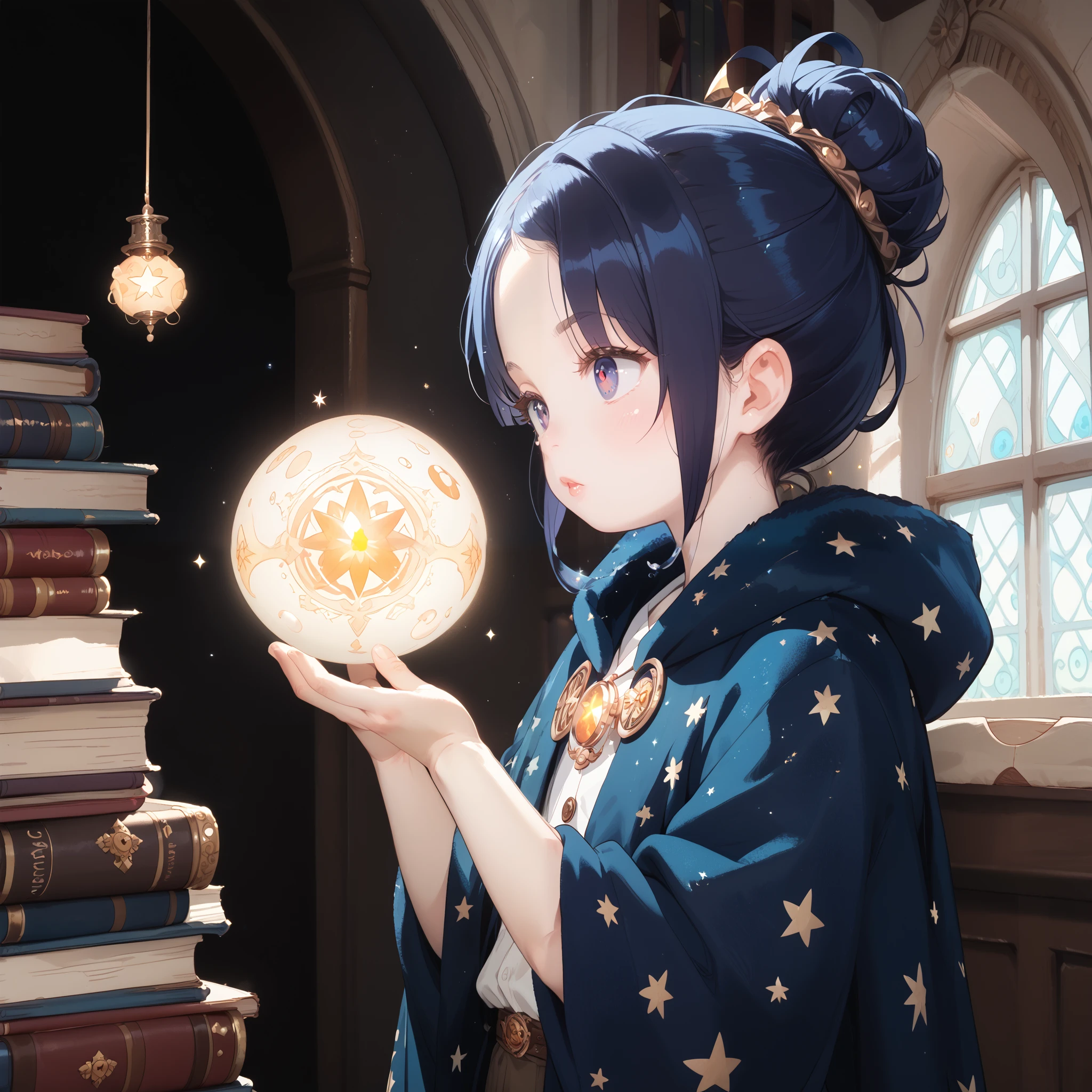 A wise-looking wizard wearing a starry cloak, holding a glowing orb with a question mark inside it. The background is a mystical library filled with ancient books and magical lights.
