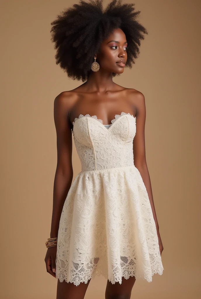 The Woman’s measurement is
Hips :41
Bust: 36
Waist: 29
Height: 5’3
She is black, dark skin, 5’3, but with slight curves. Her hair is in a coily Afro and she has a flower crown made of baby’s breath.
She is wearing an ivory silk wedding dress in a column style. No train.
The bodice of the dress is covered in a light beaded mesh fabric.
The mesh fabric goes around her neck in an halter neck.
