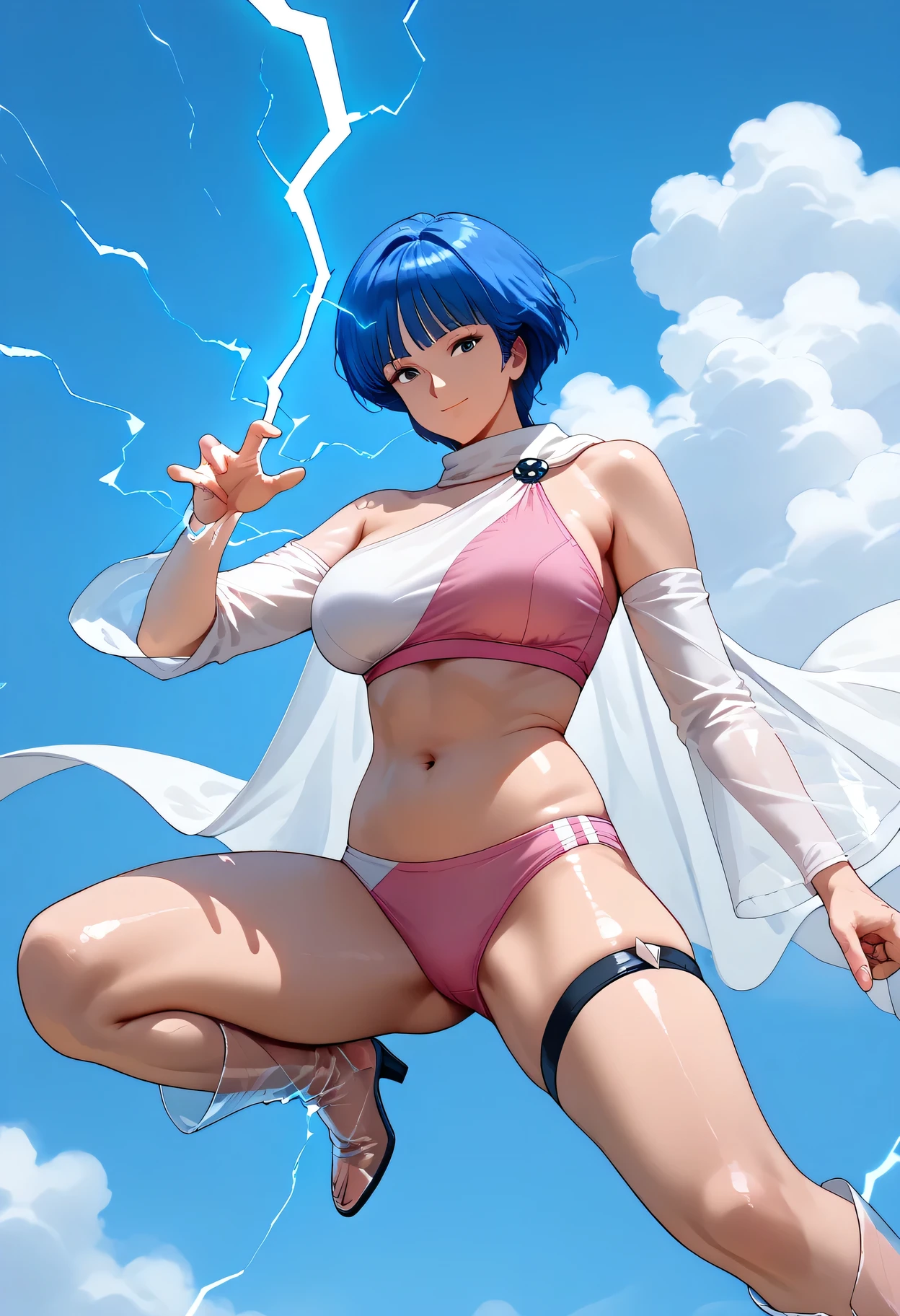 NSFW,((descending from the sky:1.2)),((floating in the sky:1.45))、((falling from the sky:1.48)),((anime colorin:1.2)),((From her Fox's hand electricity:1.5)), closed mouth, Her hairstyle is short bob,((Trim her bangs)),blue hair color, ((large breasts)),curvy,inverted triangle face,Well-balanced limbs, gramer body, long limbs,1mature, ((outdoor:1.2)), action pose,AOI YUME Masakazu Katsura drowning,((1mature:1.2 )), anime,Masakazu Katsura, AOI YUME、(looking at from the front), Look at the camera,(1mature), AOI YUME,smile, close mouth , 1mature, alone, Aoi Yume, see-through boots, transparent boots knee boots, navel, thigh strap, midriff, large breasts, Bra,white and pink Bra, sports Bra, panties, WHITE AND PINK PANTIE   ,( bare one shoulders:1.48), (detached sleeves),Transparent vinyl cloak, ((the cloak is transparent:1.2))