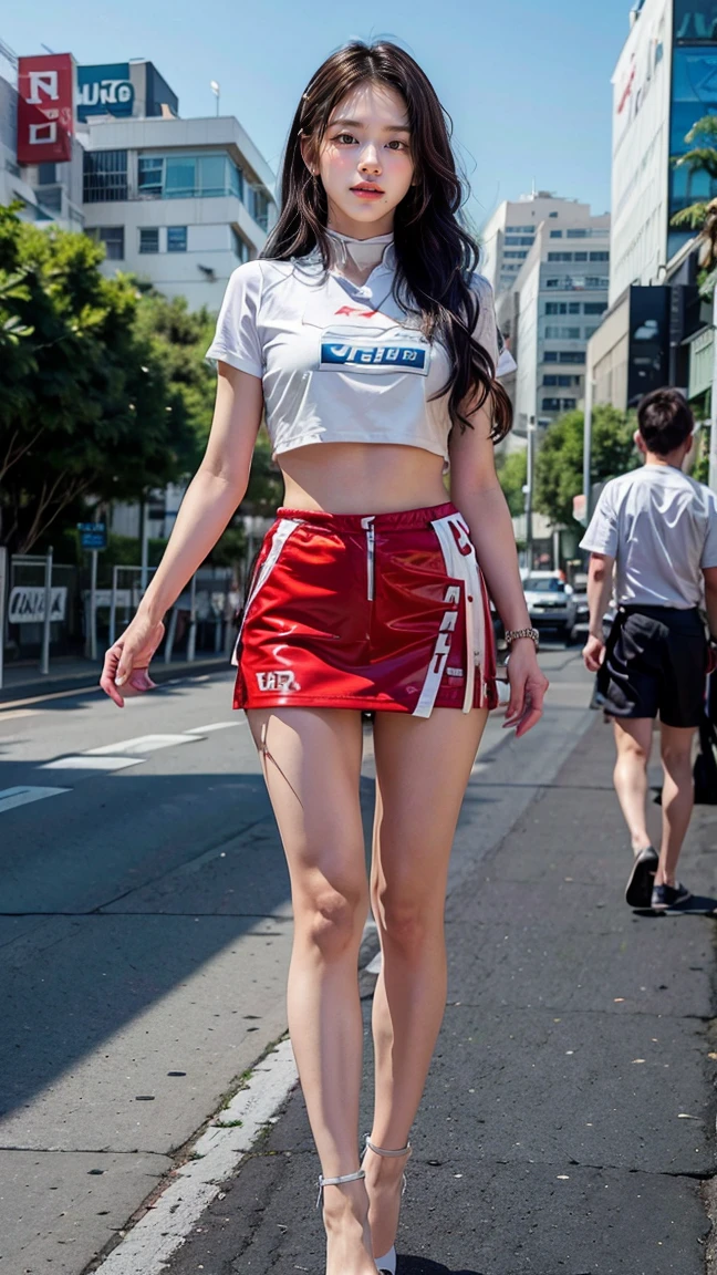 full bodyesbian，(8K, RAW photo, Best quality, masutepiece:1.2), (Realistic, Photorealsitic:1.37), 超A high resolution, 1girl in, 18 years old, (heartthrob:1.4), (famous actress :1.4), (beautifull detailed face:1), bangs,  (Multi-colored floating hair), dent in the skin, Light makeup, (Beautiful big breasts:1.3), (glistning skin:1.1), Shiny skin, long limbs, Slim, Hanging box:1.3, Narrow waist, Medium buttocks, Thin legs, Slim thighs, Dynamic lighting, Sexually suggestive faces, GLOSSY TEXTURE, lipstick, V-shaped eyebrows, v-line jaw, view the viewer, (Long hair:1.3), (Perfect face:1.4), ((Big wind)), Flowing hair, Audience, (Smile:1.3), blue-sky, (((Mt fuji:1.3))), (((Event Venues:1.3))), ((Grid Girl:1)), pink lip, Light makeup, (Sophisticated promotional clothing is intricate:1.10), Lace-up boots, Short sleeves, White cropped top, ((Short jacket:1.3)), kneehigh, (((Nylon short-sleeved jacket，With many logos))), (Knee-length sequin nylon pleated skirt), ((Asymmetric mid-size nylon pleated skirt)), (Sequin leggings), Little ass, (Hide buttocks), ((Promotional clothes with logo:1.3)), (((Gold and red glitter promotional outfits:1.3))), Fingerless gloves, Navel view style, brunette color hair, Brown hair, Red hair, Blue eyes, (drops of sweat:1), (Dynamic Angle), Walking, stooping forward, Audience,