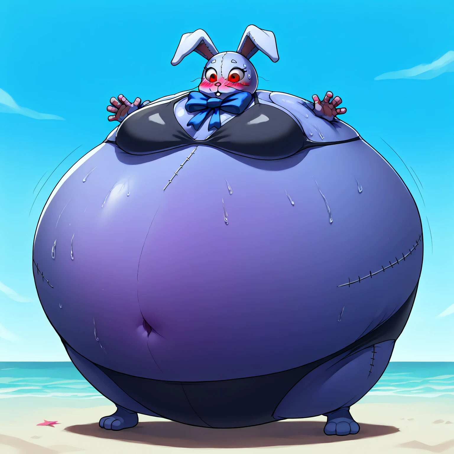 Umbreon、muscle-gut, Giant Monsterountain of fat、The body is buried due to fat、The stomach is triangular、Extreme obesity、very thick fat、my stomach touches the ground、Stomach like a giant balance ball、Saggy belly, detailed eyes, very tall、sharp claws,  Thick animal-like legs、Cheeks that store fat、thick arms、huge torso、thick neck、fat neck、legs buried in fat, 3 toes, 3 fingers and 1 thumb, thick twisted corners, at the beach, Male, black fur