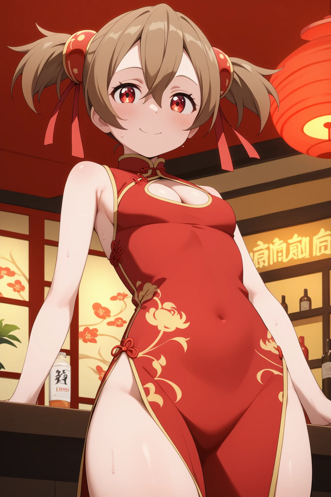 masterpiece, highest quality, One girl, alone,hot_Pink Chinese Dress,Brown_hair,two_~ side_superior,Lights come on in the valley of fairies at dusk, Bioluminescent Glow, Night magic, Enchanted Valley.,smile,