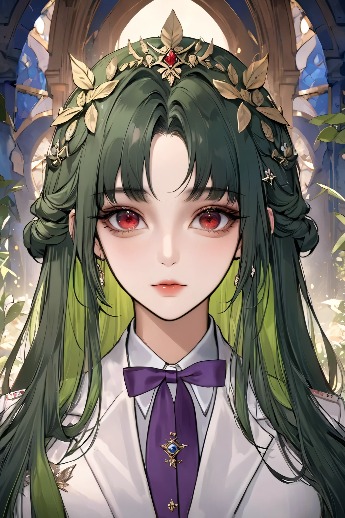 (extreamly delicate and beautiful:1.2), 8K,(masterpiece:1.0),(best_quality:1.0), 1 girl, cute and intricate detailing, Enlarged textures, and intricate detailing, finely eye and detailed face, and intricate detailing, green long hair, beautiful hairstyle, (close mouth, cool), Perfect eyes, Equal eyes,  red eyes (A famale god) with purple academy fantasy, look at camera, green long HAIR, Red EYES, green long HAIR, red EYES, Full body, fantasy background, with purple academy fantasy, perfect body, fantasy background, hairpin like laurel crown yunani
