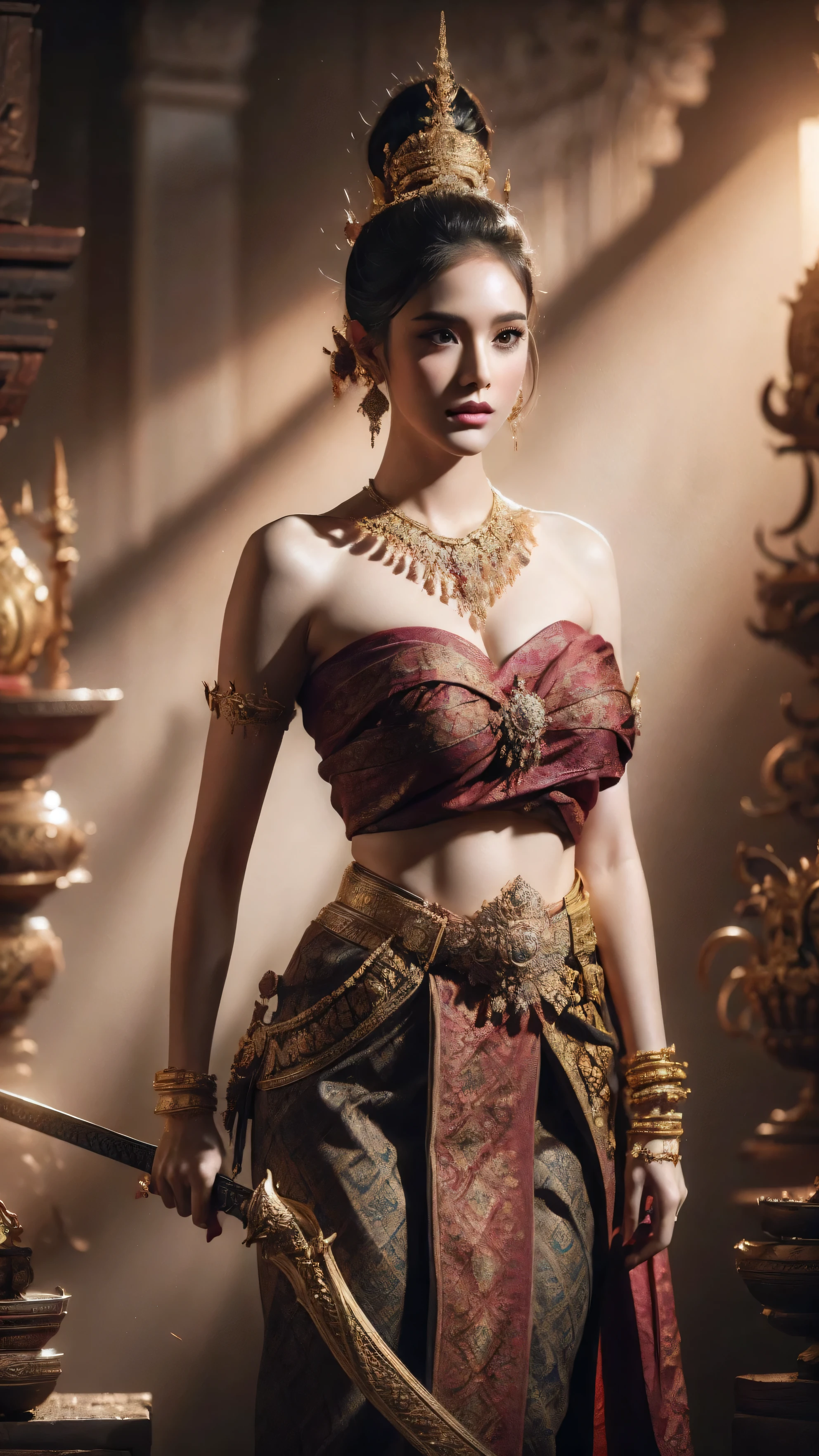  creates a female warrior wielding a sword in 4K with plump shapes gracefully arching from head to toe.. (haircut1 .2)   He is adorned with ancient Thai ornaments. ,  includes a necklace with , bracelet, belt.  He wears a single cloth   ( Holy Woman ) (Dark Red Dress ) Beautifully decorated with colors and intricate patterns,   ( The 1st long sword .2)  face.  smooth belly .   the background should reflect his sacred and powerful nature  ,  with soft light around him and a backdrop that complements his traditional ensemble. .