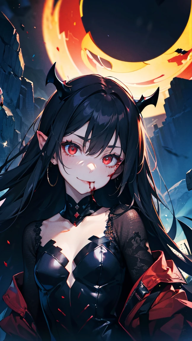 1girls,Young woman,vampire,fang,Exaggerated dressing,Intricate ornaments,Rock style,Gothic style,rivet,Metal belt buckle,One-sided earrings,two tone hair,gauntlets cleavage cleavage,Metal jewelry,Blood,Maniacal laughter,Sick,Vampire Queen,Blood is splattered,The overall image has a jagged edge effect,A special visual effect has been added。