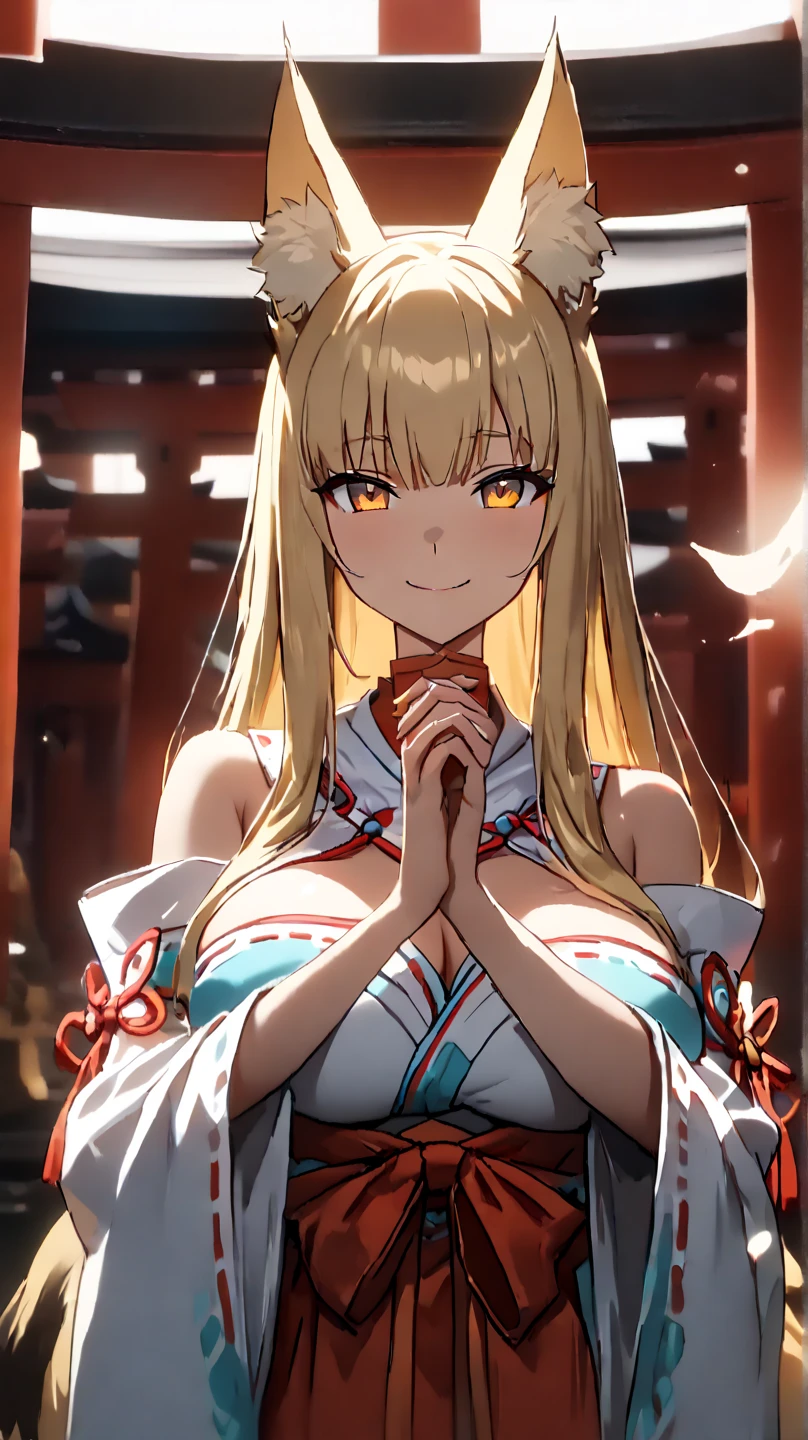 anime, blonde and red-eyed girl, beauty, kimono, off-shoulder, kyoto, solo, one, one person