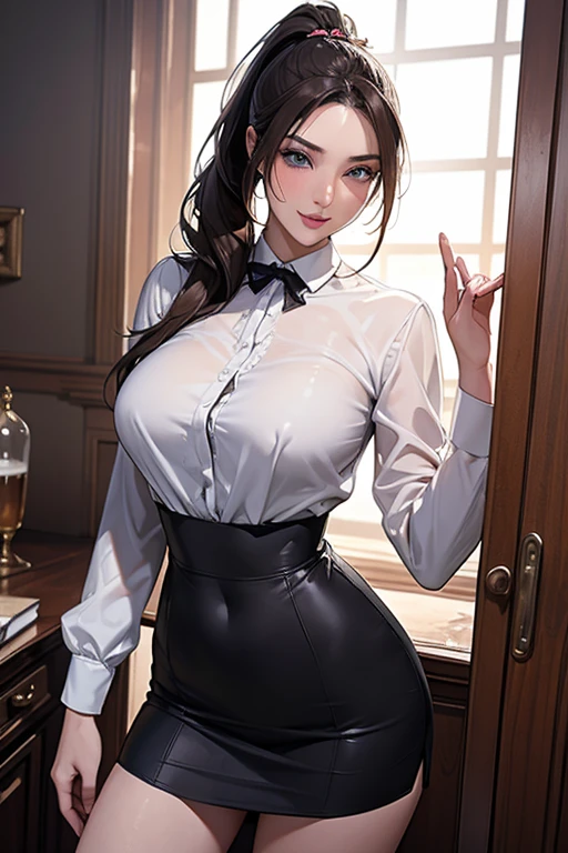 ((((perfect anatomy, super detailed skin)))), 1 girl, japanese, , (detailed ultra-oily shiny skin:1.1), watching the view, (embarrassed:1.2),
beautiful hair, beautiful face, beautiful detailed eyes, (long hair:1.4, straight hair:1.7), light brown hair, (beautiful large breasts:1.3), earring,
beautiful clavicle, beautiful body, beautiful chest, beautiful thigh, beautiful legs, beautiful detailed fingers, five fingers, babyface, , breast,
(((long sleeves white blouse, black suit vest:1.4, black tight mini skirt:1.4, black bow tie, ), oily shiny thigh, see-through pink panty, extremely sexy, crotch, seductive thighs, camel toe)),
(beautiful scenery), office, standing, skirt lift by myself, ,
(8k, top-quality, masterpiece:1.2, extremely detailed, , ), (photorealistic), beautiful illustration, cinematic lighting,