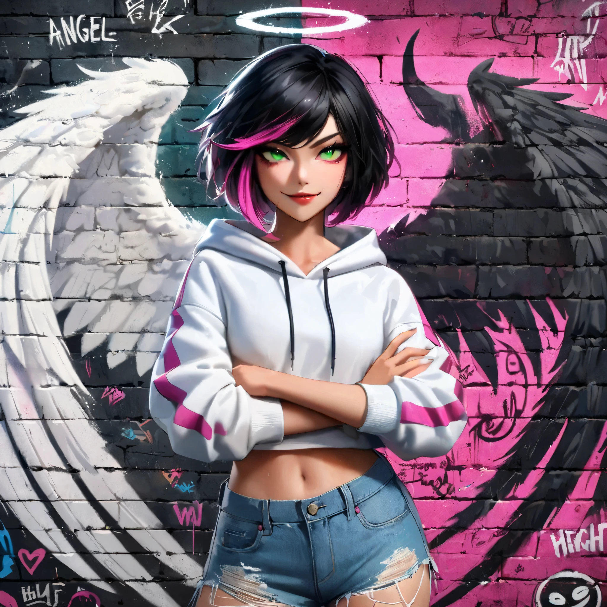 ((flame front shot)),MasterpieMasterpiece, ultra-high resolution, highest quality, detailed depiction, delicate portrayal, beautiful, art, ((graffiti art 1.8)), a confident female standing in front of a graffiti art featuring beautiful wings painted on a brick wall, ((the wings are painted on the wall and aligned to appear as though they are spreading from the female's shoulders when viewed from the front 1.8)), ((the right wing on the wall is an angelic white wing 1.8)), ((the left wing on the wall is a demonic black wing 1.8)), solo, black hair with a bob hairstyle, pink highlights at the tips, emerald eyes, smirking, white hoodie, denim shorts, the wings on the brick wall are intricately depicted, the camera is capturing the female from the front, ensuring both the female and the wings on the wall are fully framed in a front-facing shot.