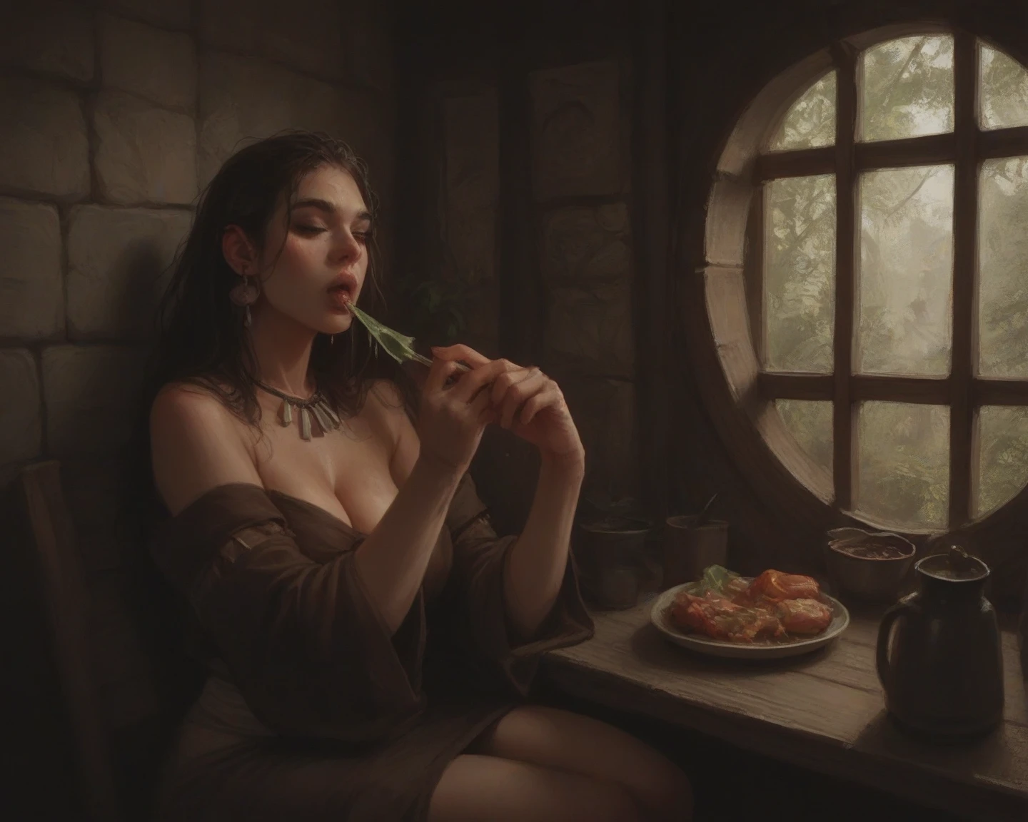highly detailed hdr photo, beautiful, slim thick, gassy, bloated, african american, black {{{dark skin}}}, human adult princess fiona burping belching while sitting in chair at dinner table in medieval castle, warm dynamic lighting, sexy slutty medieval adult princess style green dress, slutty loincloth, one single long thin adult braided ponytail, reddish brown hair, tiara, light freckles on cheeks, realistic dark moody dramatic high detailed art style, wide open mouth, perfect gorgeous face, struggle face, full body, eyes closed, bloated tummy innie belly button midriff, intense yelling burping hard