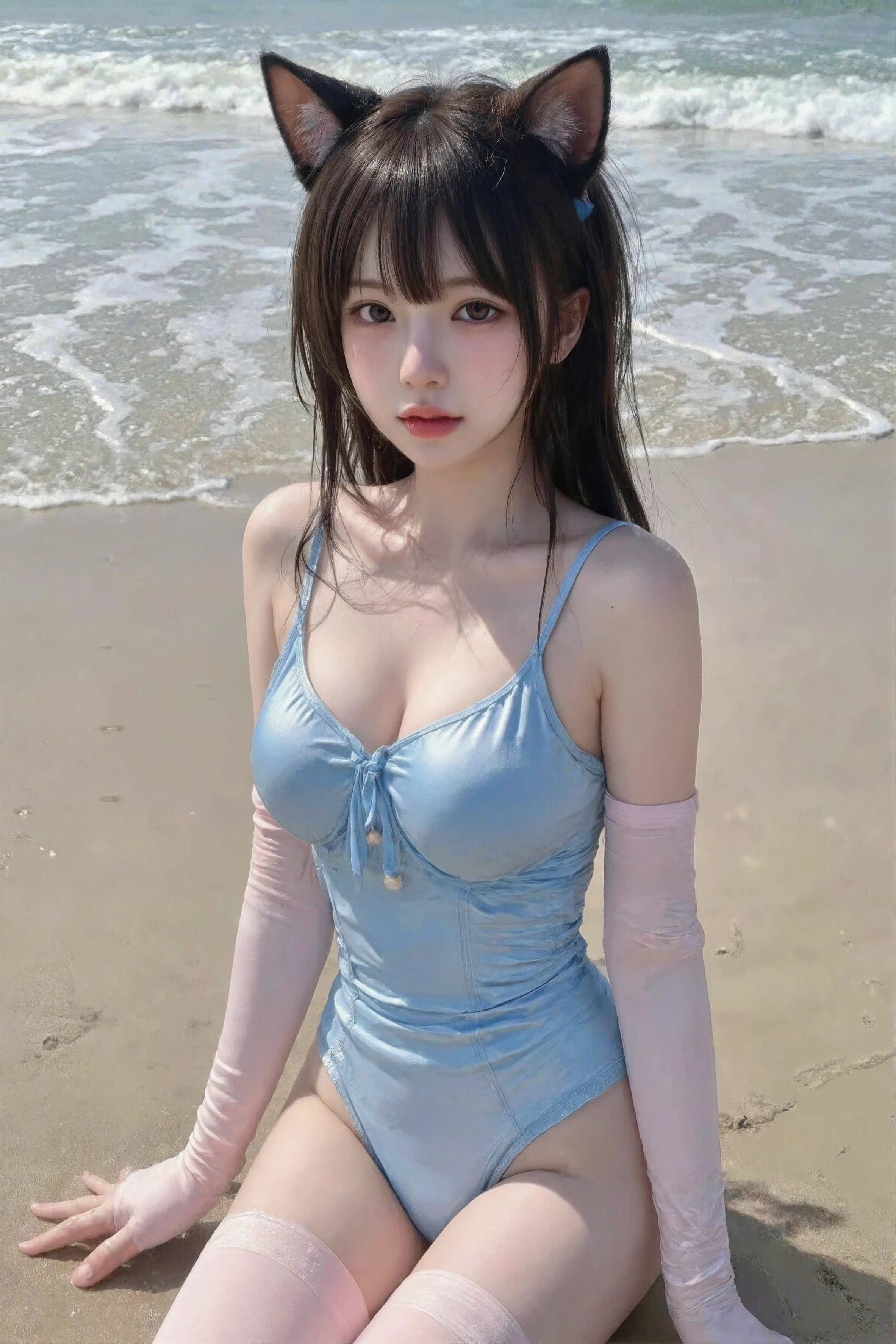 Alafed woman sitting on the beach in blue swimsuit, Young skinny gravure idol, cute girl wearing a tank suit, Young Pretty Gravure Idol, Young Sensual Gravure Idol, Young Gravure Idol, Chiho Aoshima, mayuri shiina, Yasumoto Oka, Aoi Ogata, Sana Takeda, Aya Takano((top-quality))、((masterpiece))、1girl in、Formal-up、beautiful detailed eyes and face、pretty skin、a very cute、22year old、School swim wear(darkblue、Simple design、Matte texture、Wrinkle、Polyester material、Nero、shadings、)Wet body、Anime Face、Beautie、Facing the front、big eye(Beautiful fece、Anime Face、Clear eyes、Fine details、Beautiful eyes)Well-formed face(Beautiful nasal muscles、Perplexed、sharp mouth)full of sweat、sodden、Wet feeling、Background with(sunny sky、takeout)、8K picture quality、perfectly proportions、A slender、red blush、female focus on, hair adornments,length hair, Look at viewers,