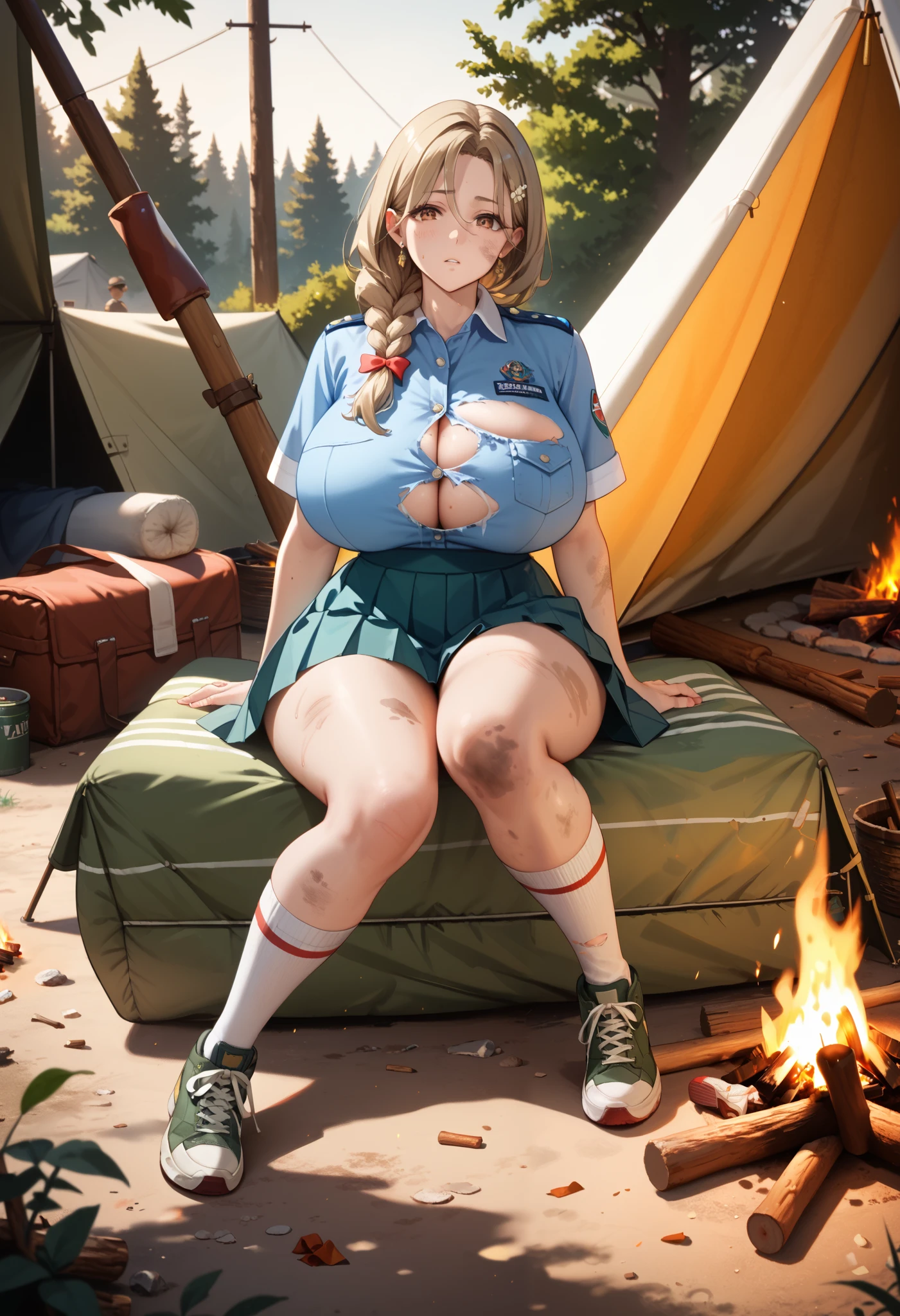 ((Masterpiece, campfire )), 1 girl, Mature women, braided , brown eyes, 3, huge breasts, thighs, wide hips, Dirty Skin,
BREAK
torn tattered uniform,ribbon, pleated skirt, Hi-Thigh Socks , sneakers, BREAK
Destroyed Streets , Doomsday Town , Camping, tent, (( full body)), depth of field, are staring at the viewer,
