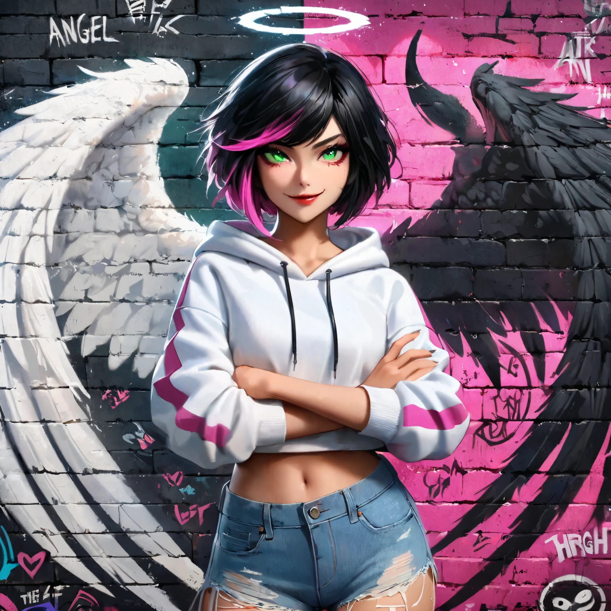 ((female front shot)),MasterpieMasterpiece, ultra-high resolution, highest quality, detailed depiction, delicate portrayal, beautiful, art, ((graffiti art 1.8)), a confident female standing in front of a graffiti art featuring beautiful wings painted on a brick wall, ((the wings are painted on the wall and aligned to appear as though they are spreading from the female's shoulders when viewed from the front 1.8)), ((the right wing on the wall is an angelic white wing 1.8)), ((the left wing on the wall is a demonic black wing 1.8)), solo, black hair with a bob hairstyle, pink highlights at the tips, emerald eyes, smirking, white hoodie, denim shorts, the wings on the brick wall are intricately depicted, the camera is capturing the female from the front, ensuring both the female and the wings on the wall are fully framed in a front-facing shot.