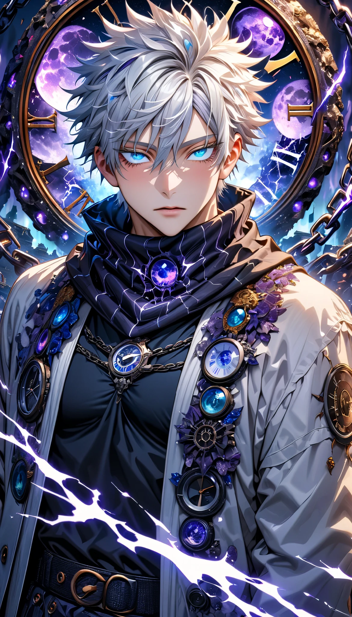 absurdres, highres, ultra detailed, HDR, master piece, best quality, Gojo Satoru, white hair, hair between the eyes, with bangs, expressive blue eyes, white eyelashes, jujutsu kaisen, solo, sexy man, handsome, white haori, black tight T-shirt, black scarf, clock mechanical purple moon, fantasy, chains, purple fireflies, purple lightning, void