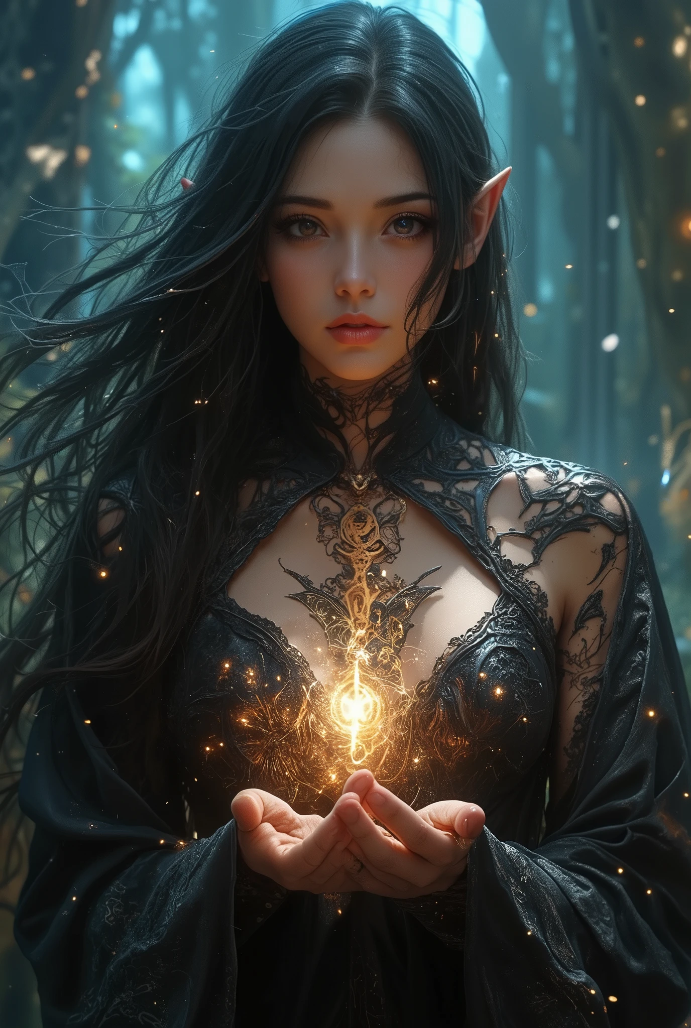villain, 200 Year Old Witch, long dark hair, the magic in her hands shines