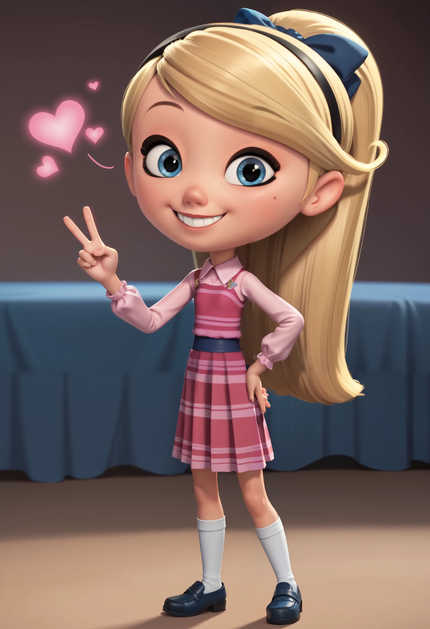 1girl, full body, solo, penny peterson, long hair, blue eyes, 3d, blonde hair, ponytail, teal blue ribbon, skirt, pleated skirt, long white socks, dress, pink dress, long sleeves, puffy sleeves, cute girl, cute Smile, joyful expression, excited, happy, looking at viewer, peace sign, one hand on hip, spread legs, pink background, hearts, sparkles, chibi