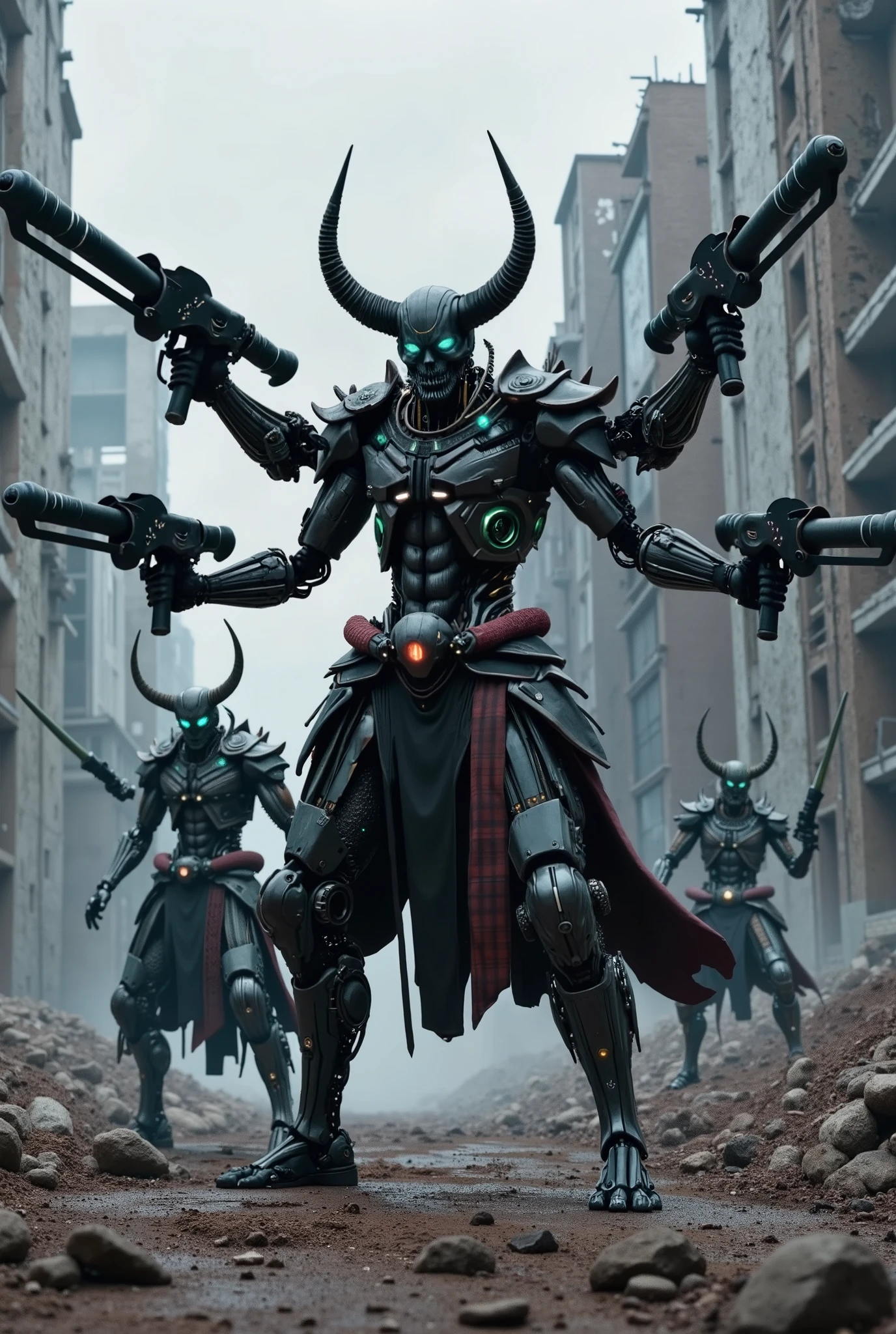 The ruined future of 2050、 The demon warrior fused into a devilish samurai cyborg threatens me with an aggressive attitude with a demon sword in his four arms、 Skull face