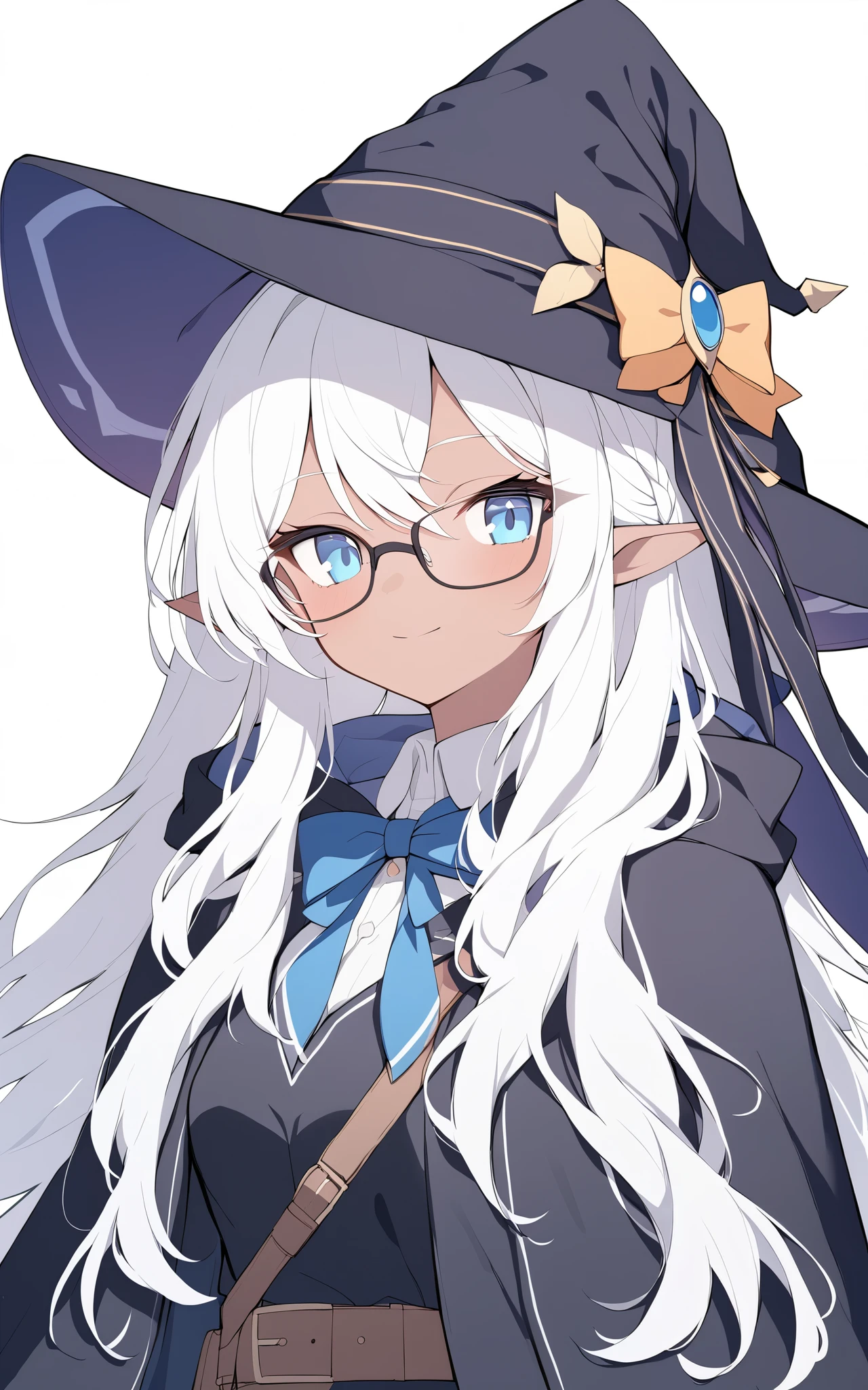 1girl, elf ears, white hair, black witch hat, blue eyes, glasses, cloak, long hair, simple background, dark skin