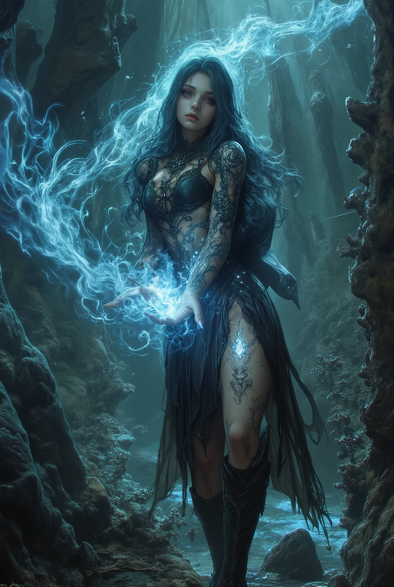 Magical Dreamland, villain, 200 Year Old Witch, long dark hair, the magic in her hands shines