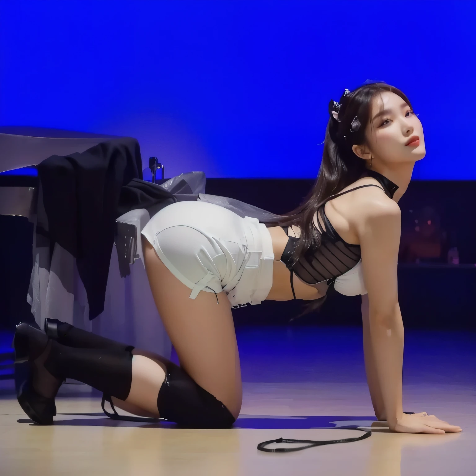 (masterpiece, best quality), high contrast, (4girls:1.2), anime wallpaper, lineup, Multiple_girls, idol outfits, (long skirt, frilly skirt:1.1), (from behind:1.2), stage, stage lights, concert, (crowd:1.1), dynamic pose, standing, woman, (headphones:1.1), (jacket, off shoulder jacket, sleeveless top:1.1), collared top, short hair, medium hair, sharp focus, light particles, (wide shot), sfw, detached collar, backboob, pantyhose,(worst quality, low quality, normal quality:1.4), monochrome, negative_hand, (cross-eyed:1.4), (signature, watermark, artist name:1.4), (nipples:1.4), (bloom), (looking back, looking at viewer:1.4), (upskirt, from below:1.4), panties, (li, chyoung, teenage, underage, backless outfit, pussy, cameltoe, nsfw:1.4),