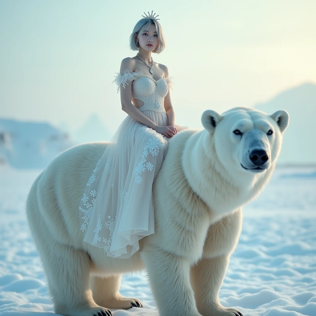 Daisaku, Photography RAW, Beautiful woman in wedding dress and a polar bear standing on ice, looking into the camera, Surrounded by sea and icebergs, blue sky with white clouds。, Light smile, Cinematic lighting, 35mm, hasselblatt, Cinematic lighting, Chiaroscuro, reflected light, Ultra HDR, Textured skin, Super detail, High details, High quality, awarding winning, Best quality, highly resolution, 16k