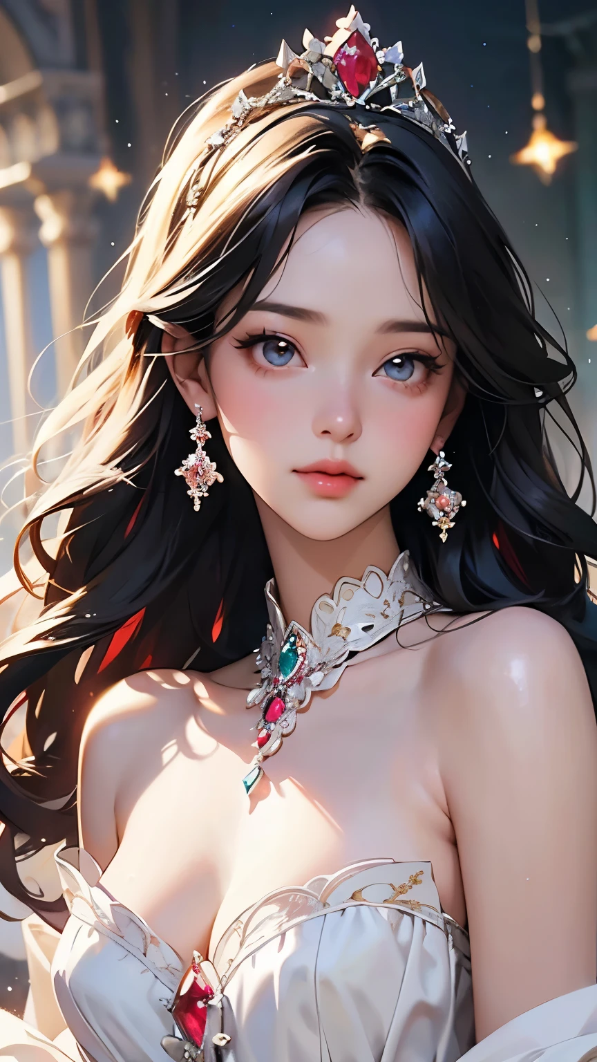  4K, A high resolution, ultra-detailed, masterpiece, Elegant dynamic portrait，a stunning beautiful girl, big breasts, long hair,  Blue hair tied up elegantly, Decorate with jewelry, a diamond necklace, (Put on a big cloak), Clear purple eyes,  beautiful and clear eyes,  delicate necklace, delicate earrings (Hair decorated with delicate flower arrangements, crystal jewelry string), (looking at viewer)