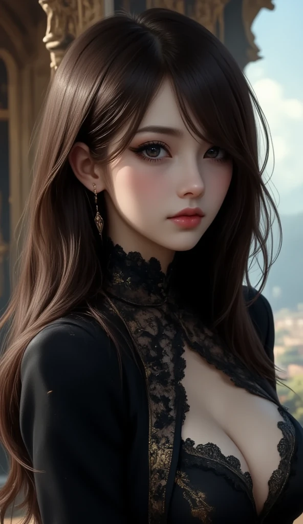 (Ultra Realistic), (Illustration), (Increased Resolution), (8K), (Extremely Detailed), (Best Illustration), (Beautiful and Detailed Eyes), (Best Quality), (Ultra Detailed), (Masterpiece ), ( wallpaper), (detailed face), solo, 1 girl, looking at viewer, fine details, in the dark, deep shadows, low key, pureerosfaceace_v1, smiling, long straight hair, black shawl , 46 points oblique bangs，plump breasts