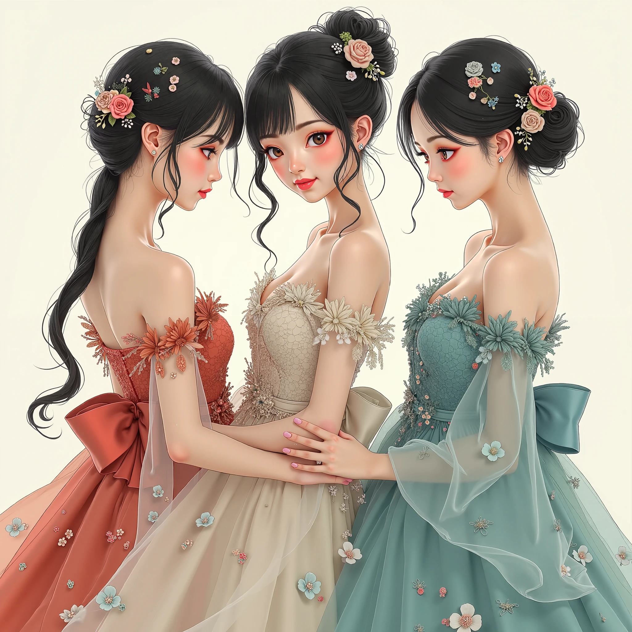 Three women in dresses are standing together in a row - SeaArt AI