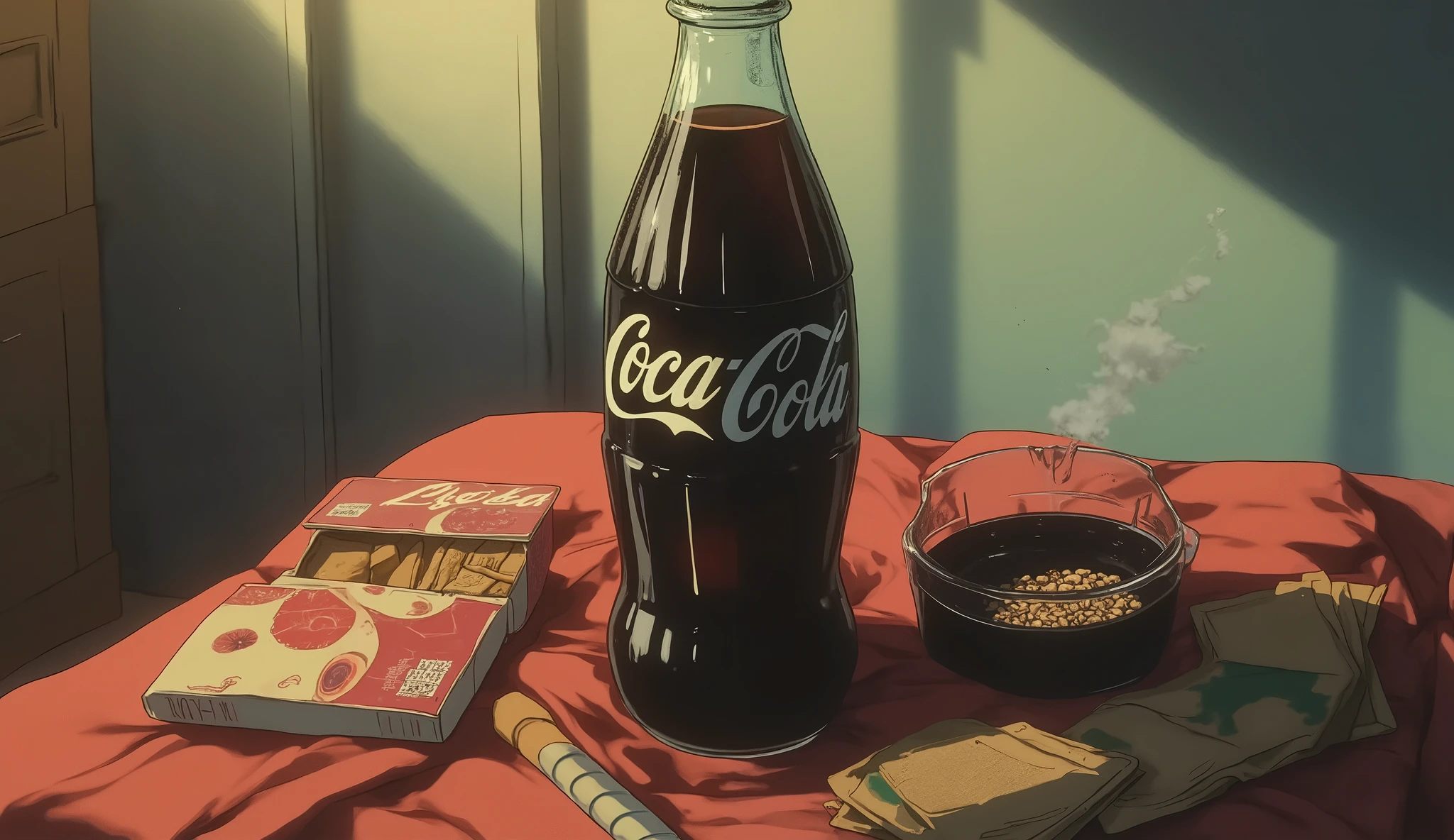 coca cola on the table beside ashtray and pack of cigarettes, in 90s anime aesthetic style 