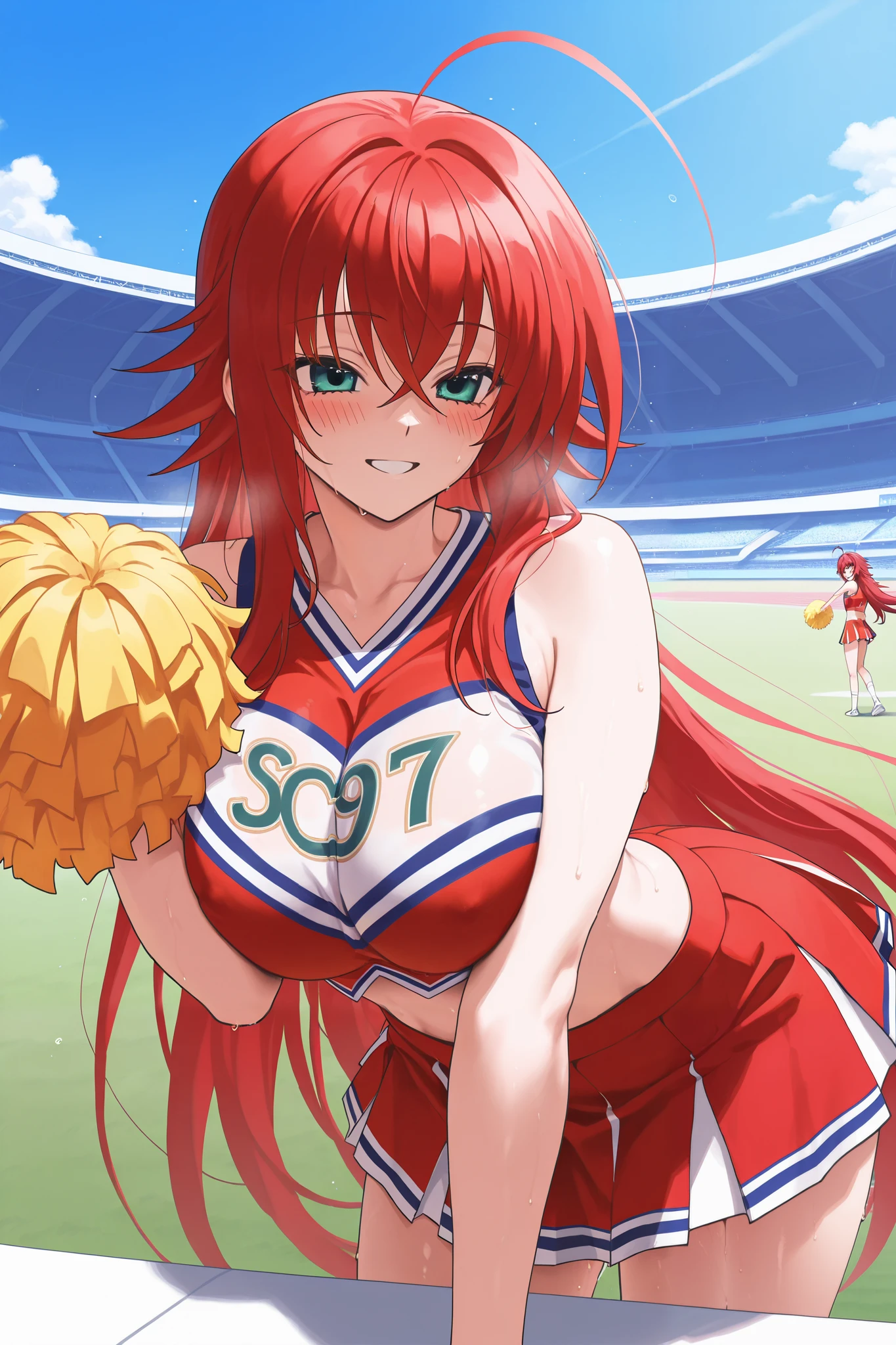 NSFW,masterpiece, best quality , high resolution, very detailed on trends, Rias Gremory 、Huge ahoge、 long hair、Hair between the eyes、 green eyes、Red Hair、 cheerleader,smile,blush,sweat, athletics stadium,support
