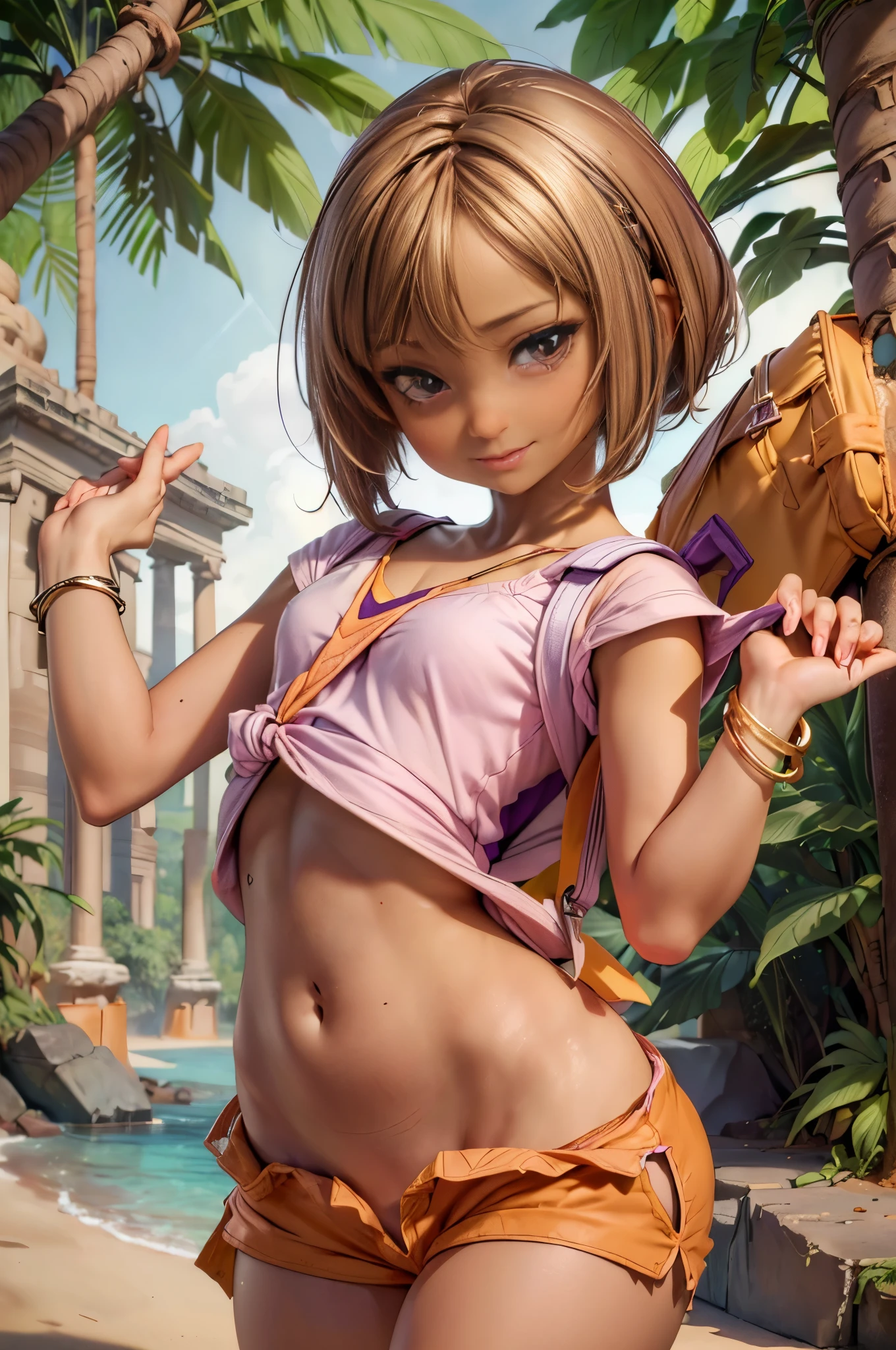 (masterpiece), best quality, expressive eyes, perfect face, (Maya Ruins deep in the jungle background), (standing), (smirk), (1girl, age 18+, Latina, dark skin, tanned skin, brown hair, short hair with bangs, bob hairstyle, brown eyes, hourglass figure, thin body, skinny body, petite_body, wide hips, thick thighs), (((loose fit v-neck pink shirt)), croptop, short sleeve, ((torn orange shorts)), ((purple backpack on back with sholder straps)), gold bracelet), parisdiam0nd 