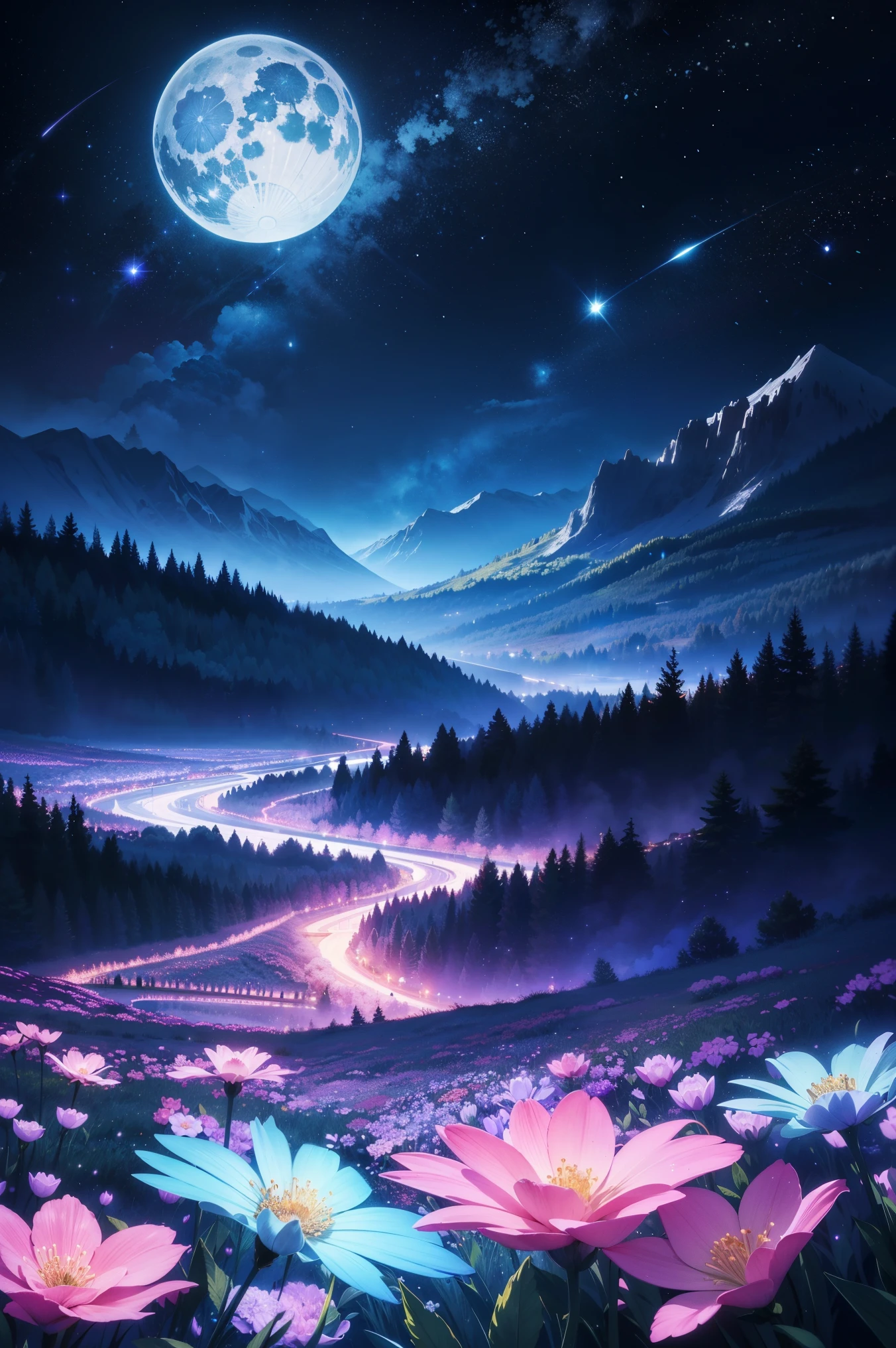 A viral anime-style natural wallpaper in 4K resolution, inspired by digital illustration styles. It depicts the magical French countryside at midnight, featuring luminous flowers, fairy lights, and a mysterious moon emitting a soft glow. The color tones are cool and mystical, with cosmic illumination added to a starry night sky. There are no human characters, and the atmosphere is enchanting and tranquil.