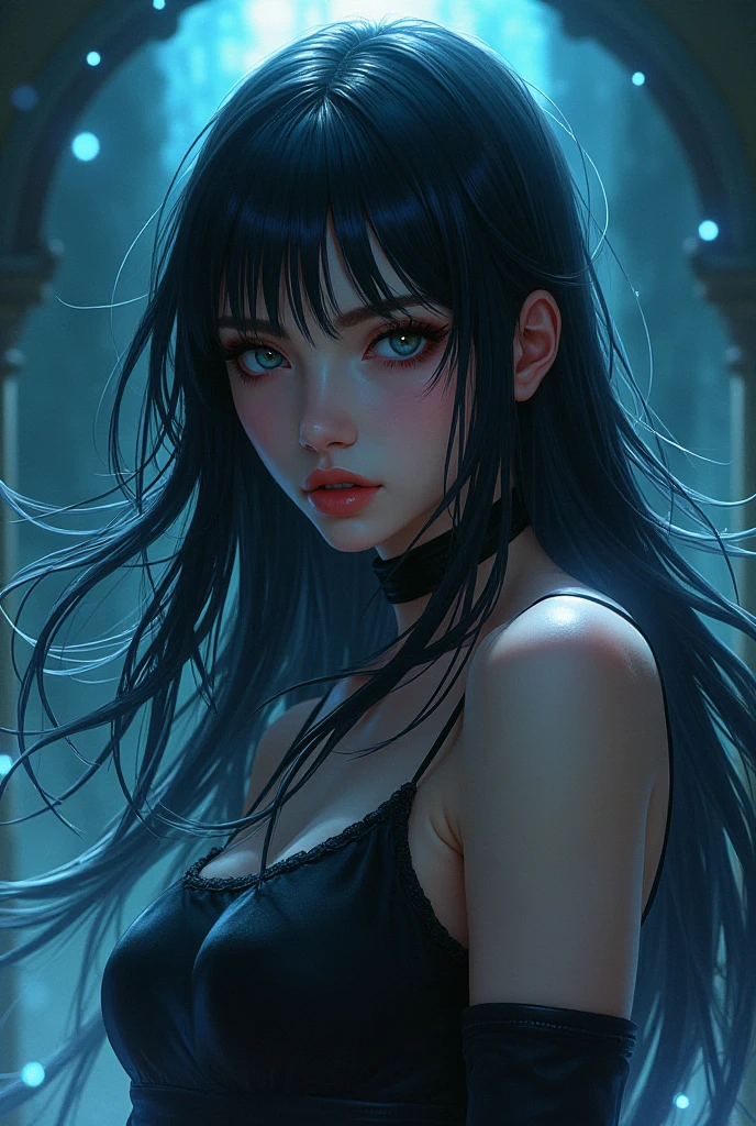 a woman with long black hair, surreal fantasy, (best quality,4k,8k,highres,masterpiece:1.2),ultra-detailed,(realistic,photorealistic,photo-realistic:1.37),intricate details,highly detailed face and eyes,beautiful porcelain skin,elegant flowing dress,dramatic lighting,dreamlike atmosphere,vibrant colors,cinematic composition