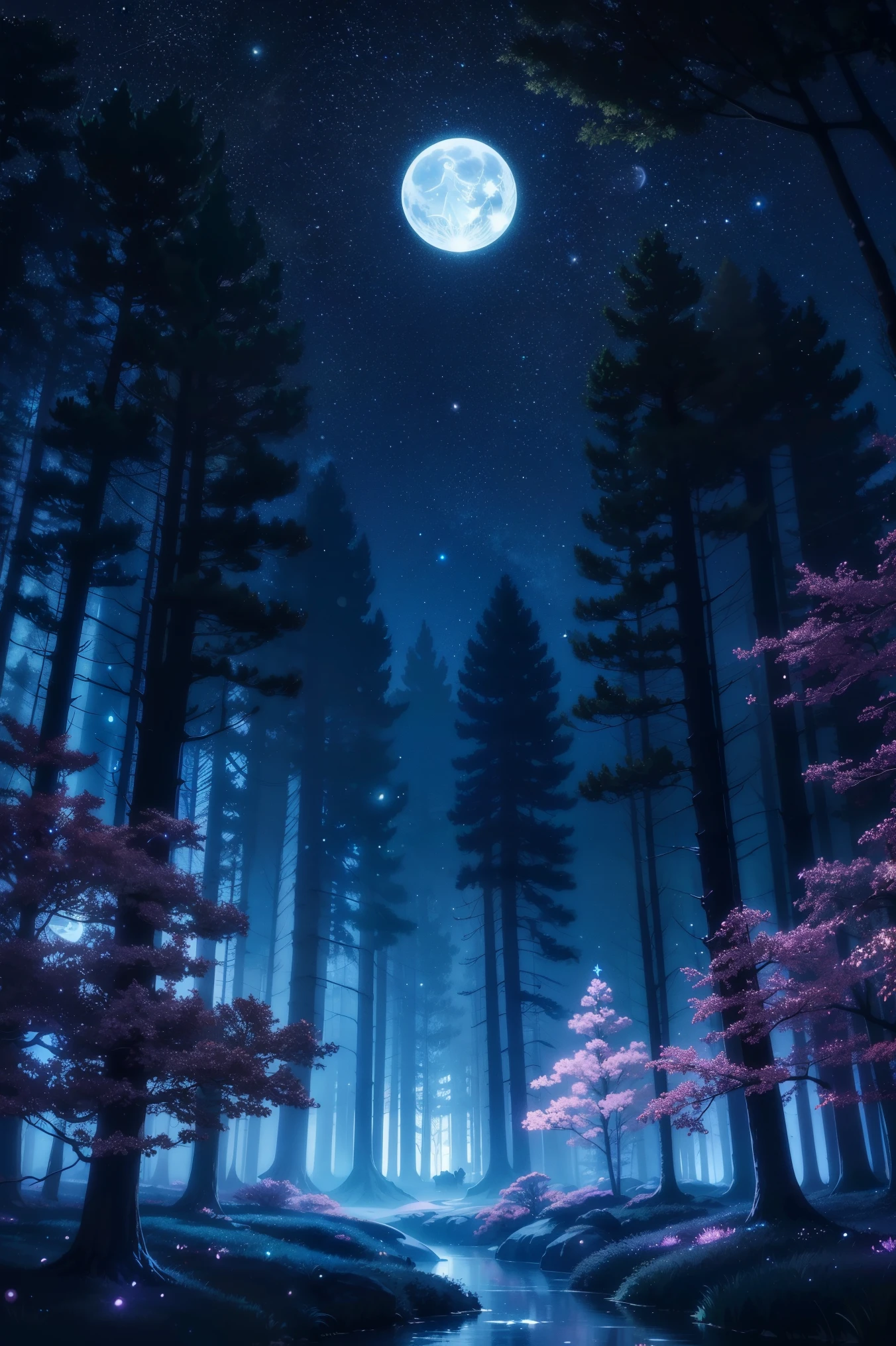 Magical midnight forest in anime style, with glowing flowers, fairy lights, and a luminous moon casting a soft glow. The cool, mystical tones create an enchanting ambiance, complemented by twinkling stars in the sky. The scene is serene and otherworldly, with no human figures.