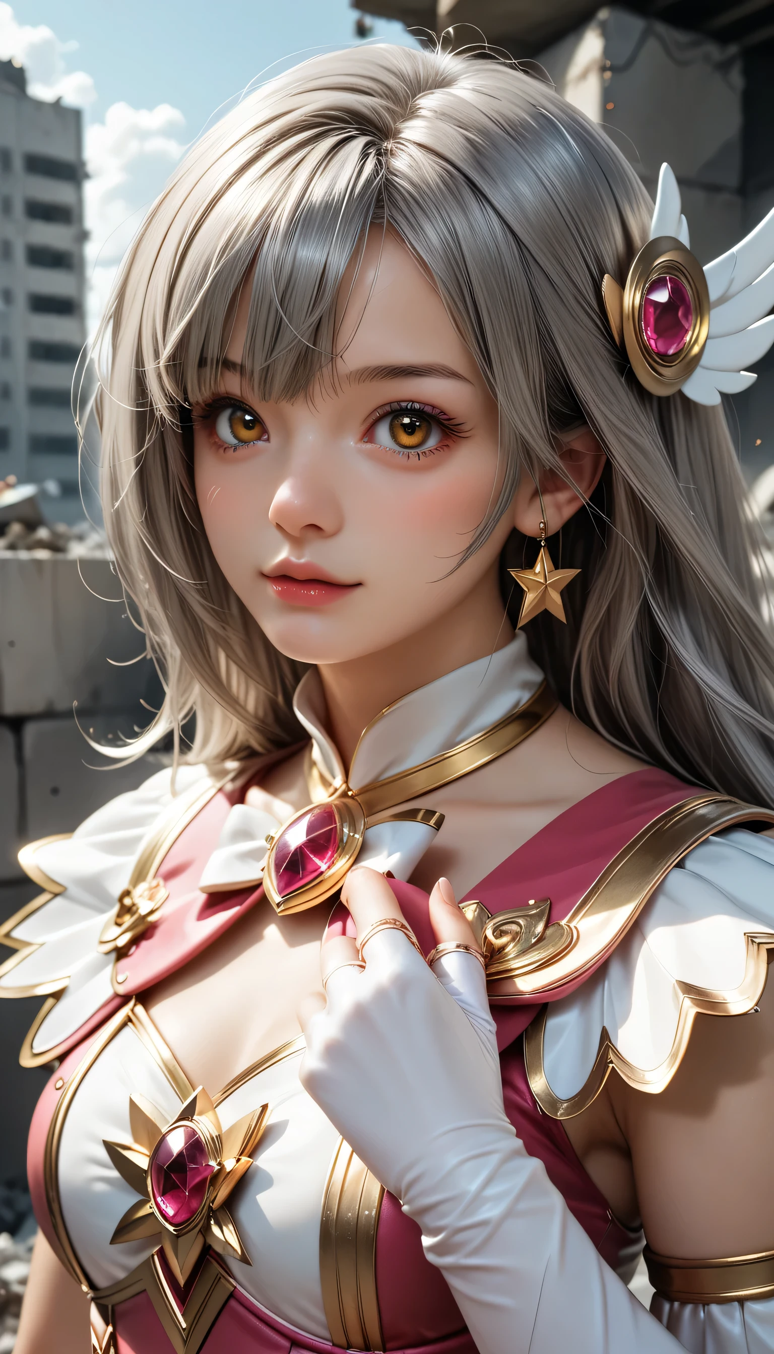 portrait, long hair, gray hair, golden eyes, one girl, detailed fantasy art, Amazing Character Art,Gorgeous Character Paintings , detailed face, Magical Girl, absurd, Masterpiece, best quality , Magical Girl コスチューム, (( Magical Girl)), short hair, destruction, rest, dynamic pose , Apocalypse, Spell casting, full body shot