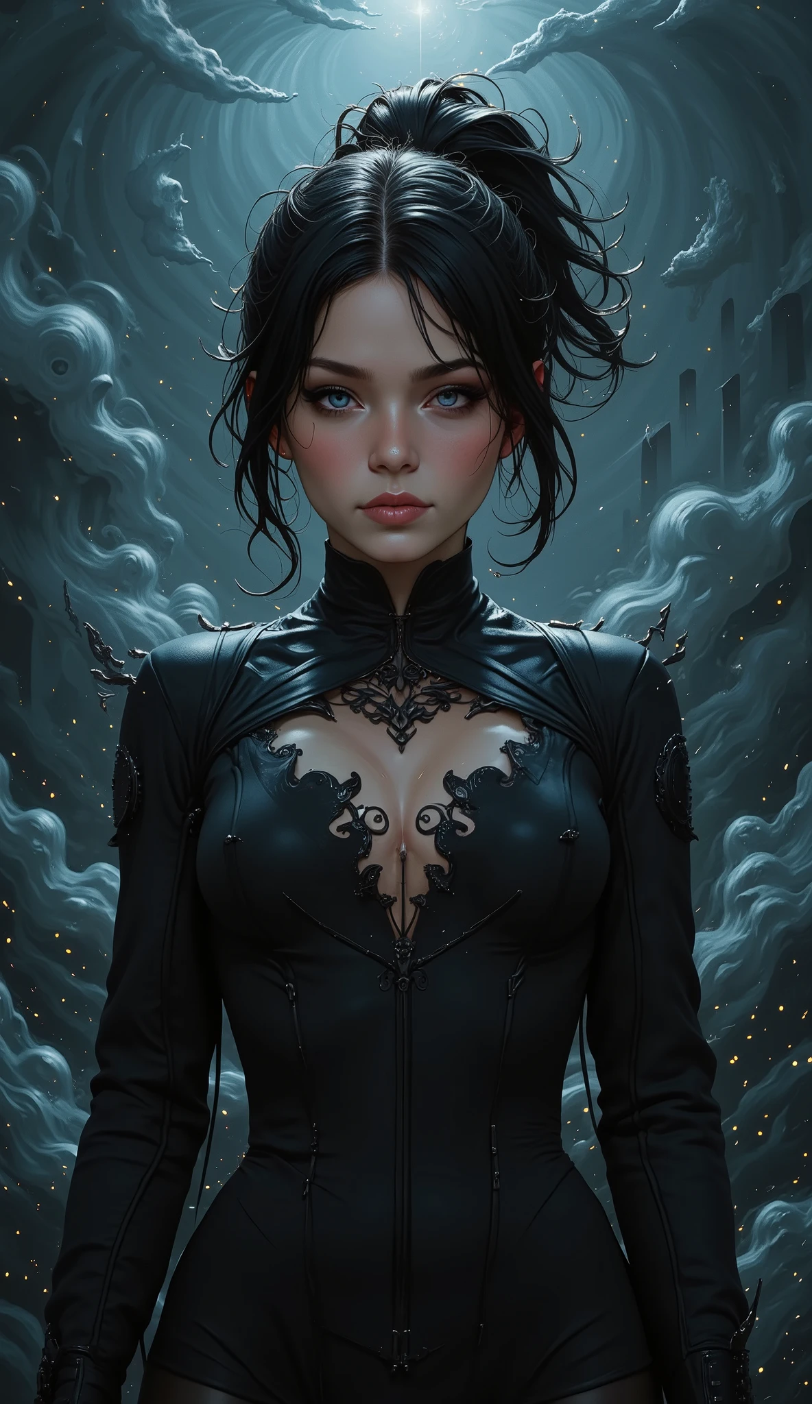 "(((obra-prima))), melhor qualidade, ultra-detallhado, High resolution CG image with a beautiful woman with black hair with bright violet eyes like detailed constellations, retratados em detalhes fascinantes. rosto delicado, lips closed, boca fechada (Dutch angle), rosto avermelhado, His delicate body is accurately represented at every angle. Ela possui longos cabelos preto que caem suavemente sobre seu vestido. The upper part of his body is sculpted to perfection. "