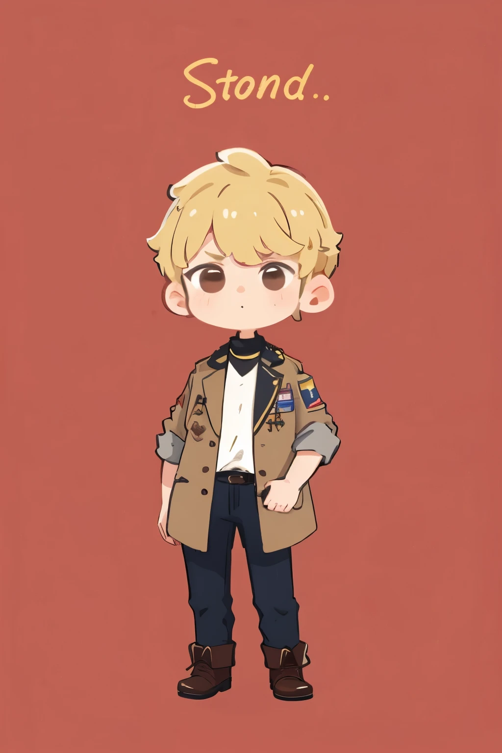 one young man , stand facing the front, Face is turned to the right, Mouth closed, serious expression, hair ornament, (( best quality , expensive_solve, clear_ images)), (Blonde), wavy shortcuts, ( brown eyes), (Wear boots on your feet ), military jacket to wear on the shoulder, Roll up your sleeves, long pants , (( concept art)), chibi, mini, very short height ,