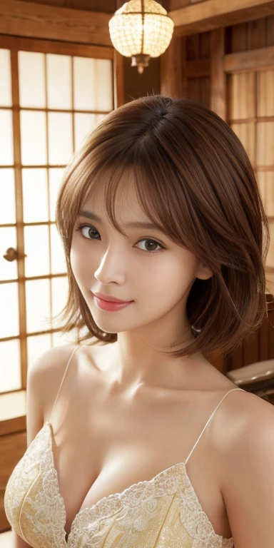 masterpiece、Highest quality、High resolution、Tabletop、wallpaper、Realistic、Bright lighting、Professional Lighting、Face Light、Smooth lighting、Japanese women、Adult、Beautiful woman、action、gravure、sexy、so beautiful、Beautiful Skin、Beautiful and detailed、Detailed face、slim、moderately、short hair、Brunette colored hair、Brown eyes、Looking at the camera、smile、Cleavage