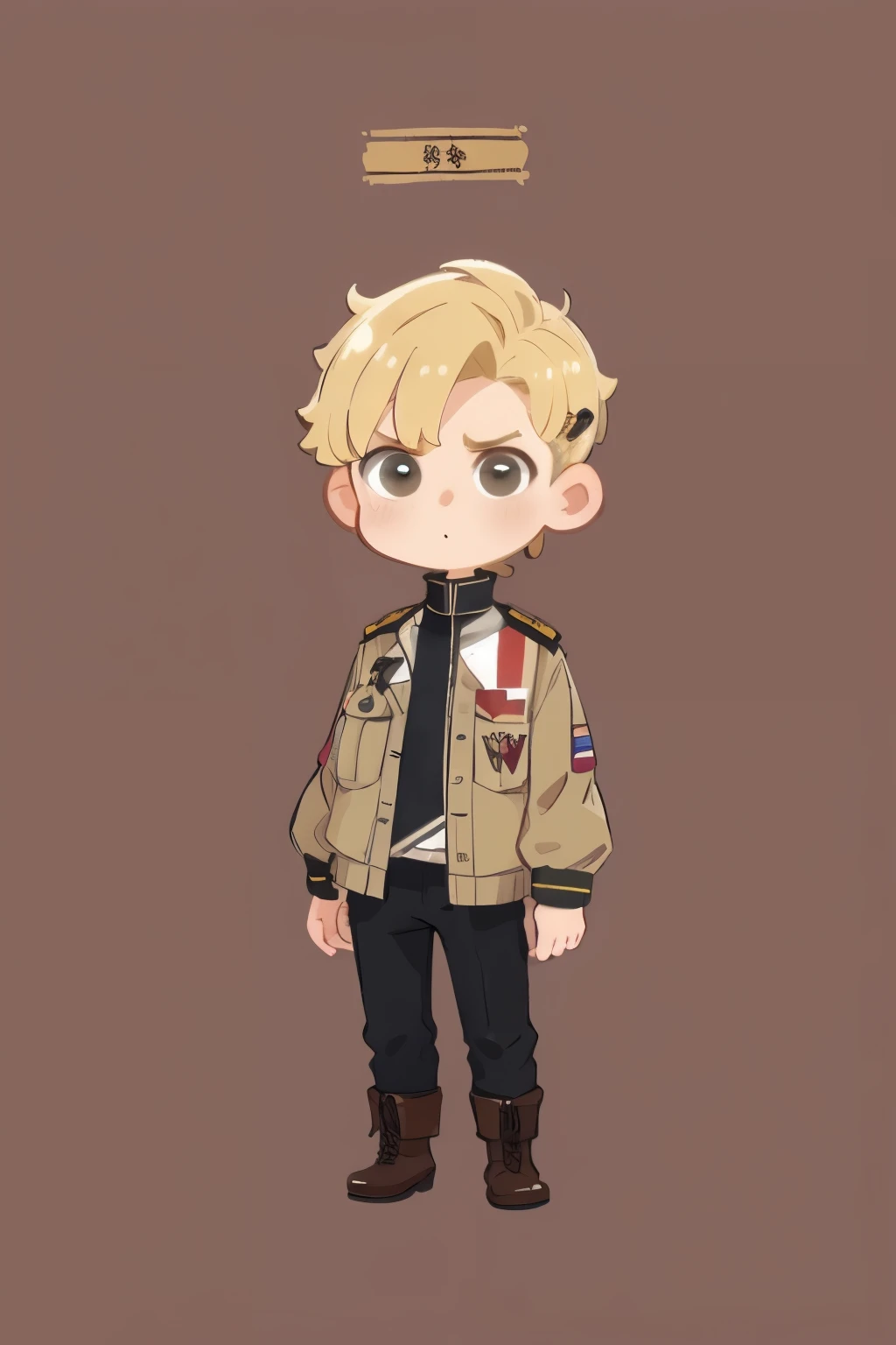  one young man ,  stand facing the front, Face is turned to the right, Mouth closed,  serious expression,  hair ornament, (( best quality , expensive_solve,  clear_ images)), (Blonde),  wavy shortcuts, ( brown eyes), (Wear boots on your feet ),  military jacket to wear on the shoulder,  long pants , (( concept art)),  chibi, mini,  very short height ,