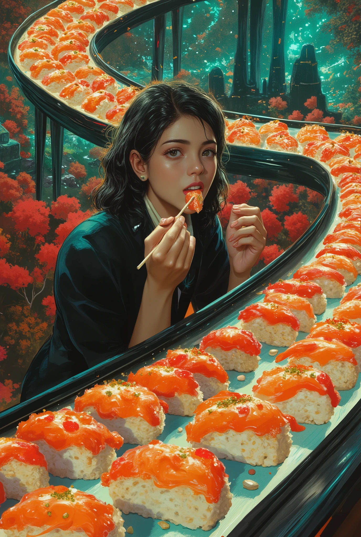Kazuo Umezu's manga ,  Magical Country Where You Can Endlessly Eat Sushi Made by Magic,  Sushi on a Sushi Conveyor Next 々The , A Woman Desperately Eats Sushi 