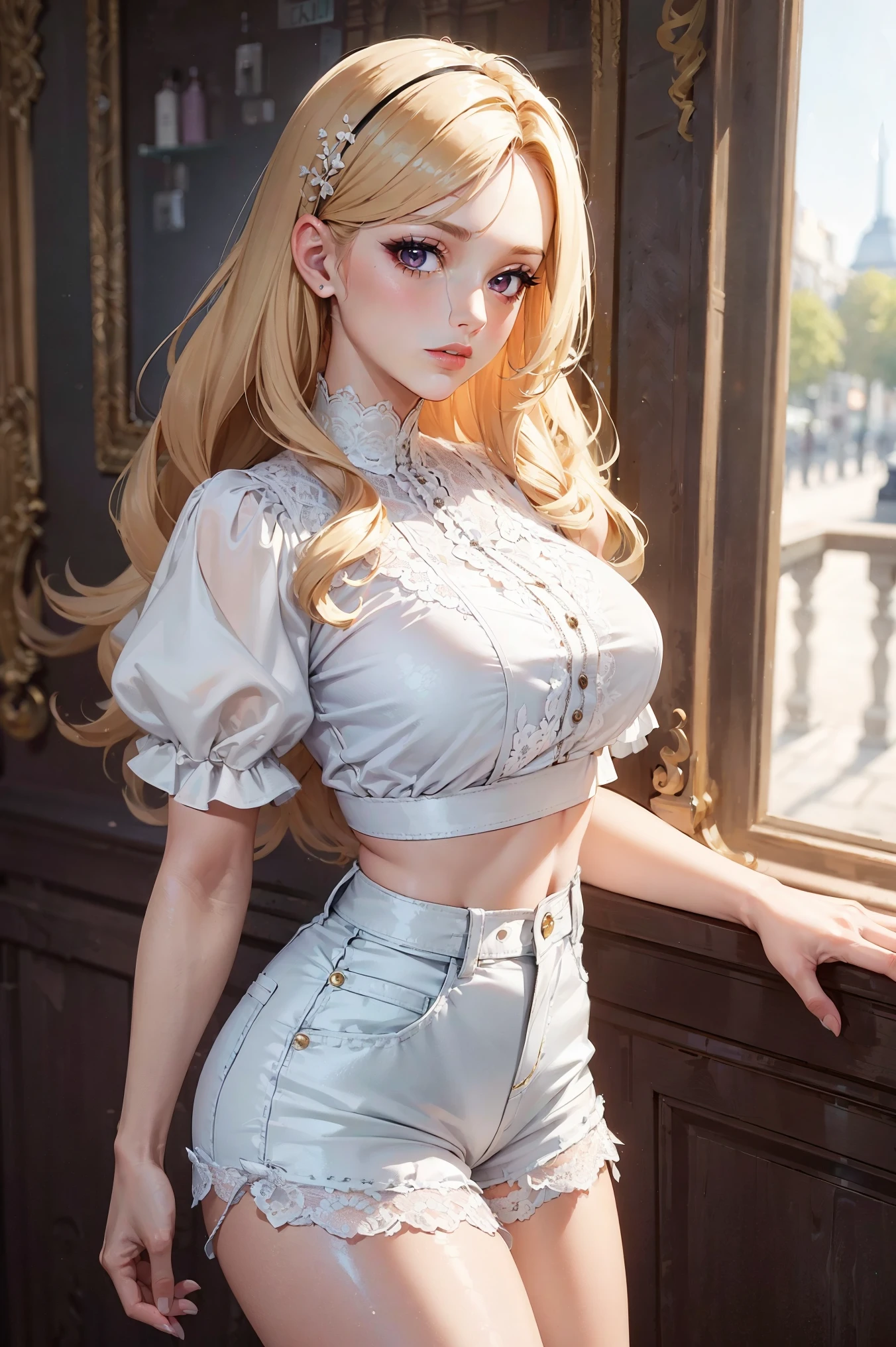 (((Masterpiece))), a top influencer woman, top quality, super detailed, sweet and sophisticated, classic style, fair skin, long curly blonde hair in hair clip, white lace crop top with puff sleeves, white high waist button up shorts, Paris cafe background