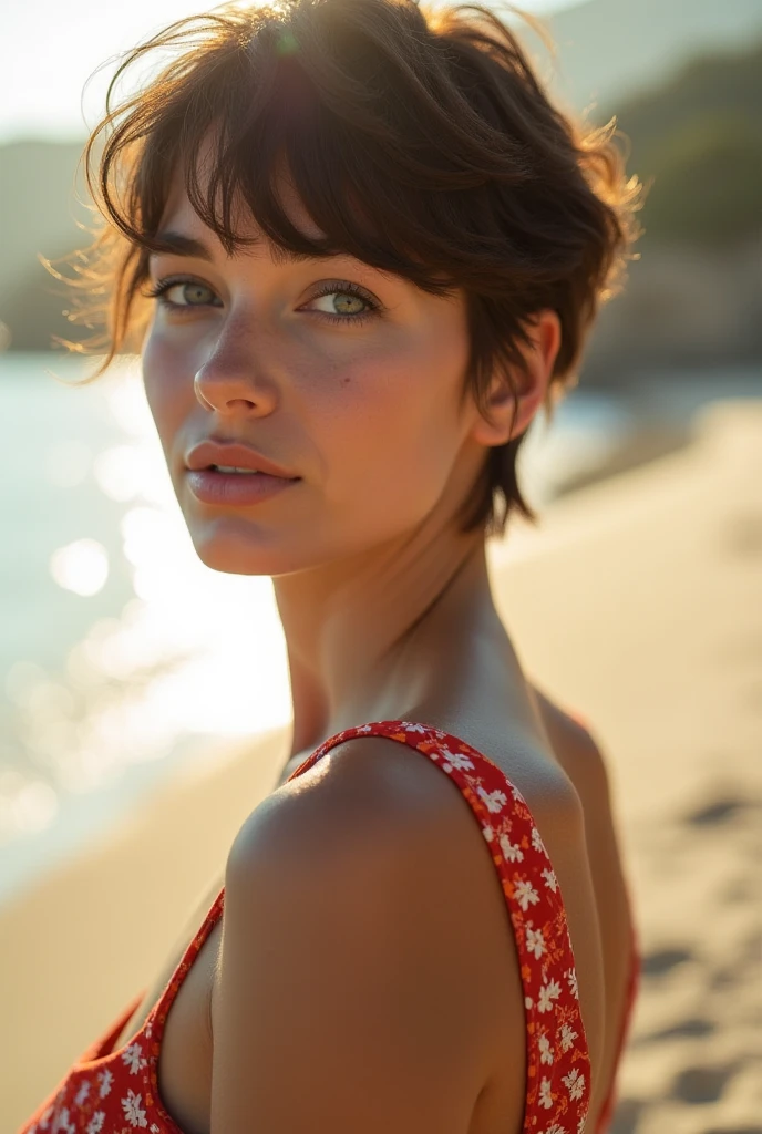 Realistic Photography, Beautiful Young Female ,Short hair ,beach