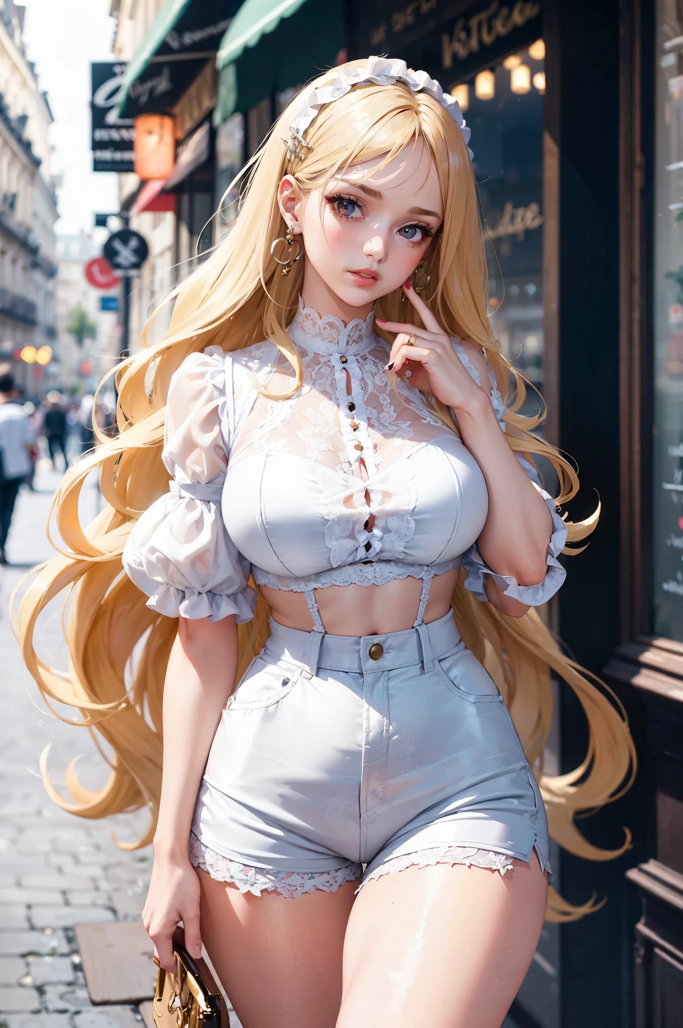 (((Masterpiece))), a top influencer woman, top quality, super detailed, sweet and sophisticated, classic style, fair skin, long curly blonde hair in hair clip, white lace crop top with puff sleeves, white high waist button up shorts, Paris cafe background