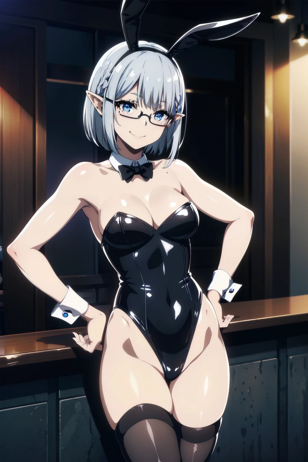 1girl,solo, anime style, masterpiece, best quality, adapted costume, cosplay, Kanase Kanon, strike the blood, iris blue eyes, White hair, side braid, medium hair, breasts, covered navel, teenage girl, Height 158cm, cleavage, astsuit, armor, headgear, leotard, strapless leotard, thigh strap, covered navel, elbow gloves, shoulder armor, bracer, mecha musume, boots, knee boots, smile, closed mouth, full body, standing, hand on own hip, outdoors, cyberpunk,