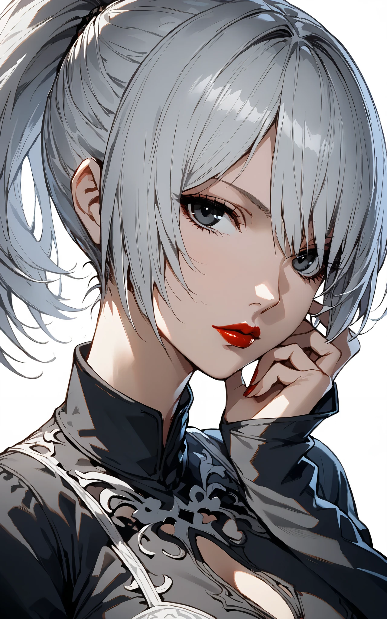 1girl, black eyes, black shirt, closed mouth, collared shirt, hand on own face, big breasts, hand to own mouth, hand up, lips, long hair, long sleeves, looking at viewer, ponytail, red lips, shirt, sleeves past wrists, solo, upper body, white background, nier \(series\), yorha no. 2 type b, nier, 2type B, nier automata, Breasts, Short Hair, White Hair,