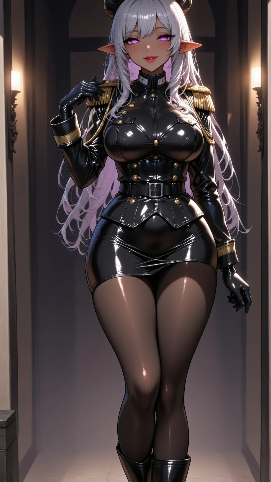 Full body of a toy doll of Aria from "Nikke" sitting on a wooden bench on park showing her back to me, black gantz suit, sit, bench, red gloves gauntlets, military high boots bootstraps, red cheeks, thick hips, hands on hips, metal handcuffs clenching fist