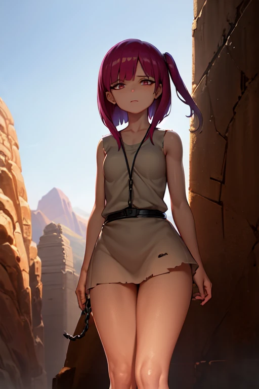 masterpiece, best quality, 1girl, morgianaslave, cowboy shot, chibi, lolita, torn dress, dirty, red eyes, one side up, red hair, chains, desert ruins, desert background, sand, disgust, looking at viewer, view from below abs , muscular girl, slender thighs,